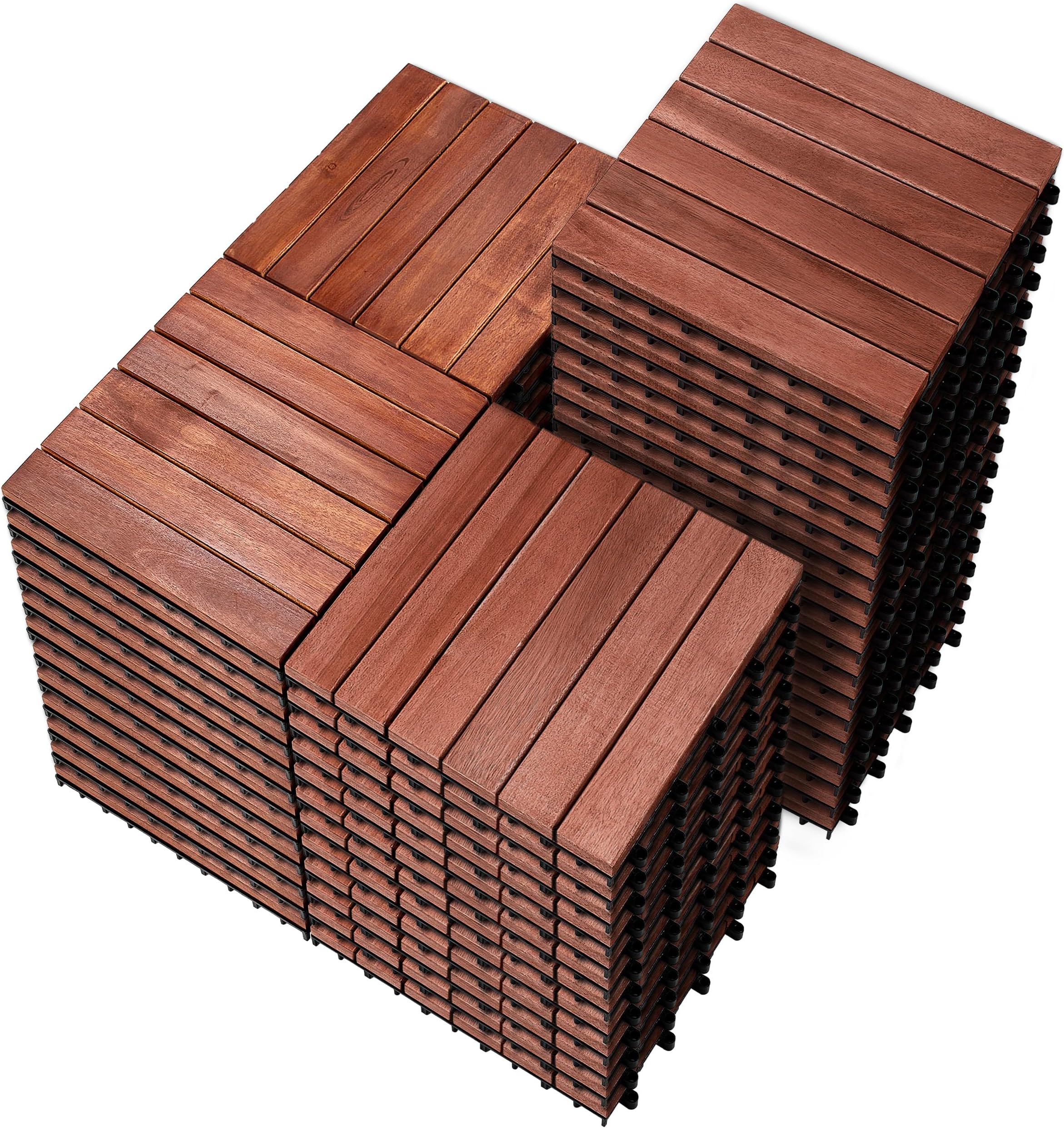 PrimeZone 54 PCS Solid Acacia Wood Interlocking Patio Deck Tiles - 12" x 12" Indoor Outdoor Waterproof Flooring Tiles for Balcony, Backyard, Porch & Poolside, All Weather Use, Brown