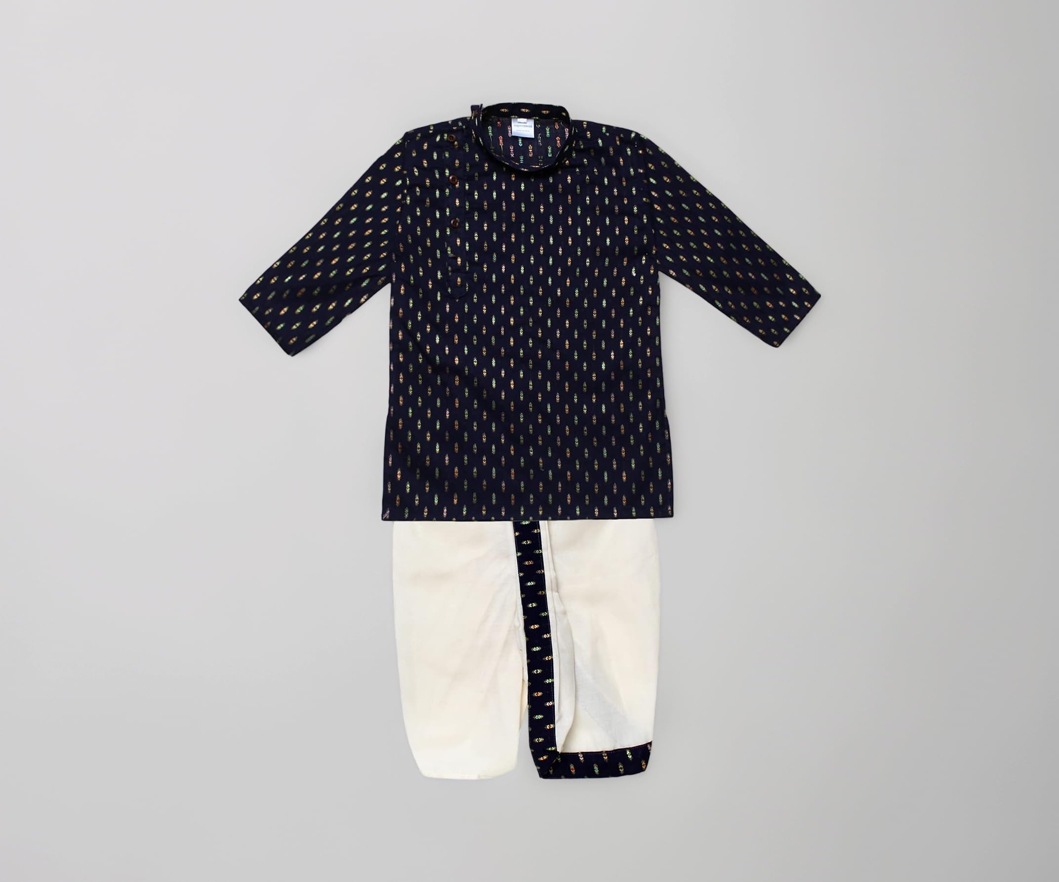 superminis Boy's Cotton Kurta with Dhoti - Golden Thread Work, Solid Round Collar, Full Sleeves, Side Button Kurta Set for Ethnic Wear