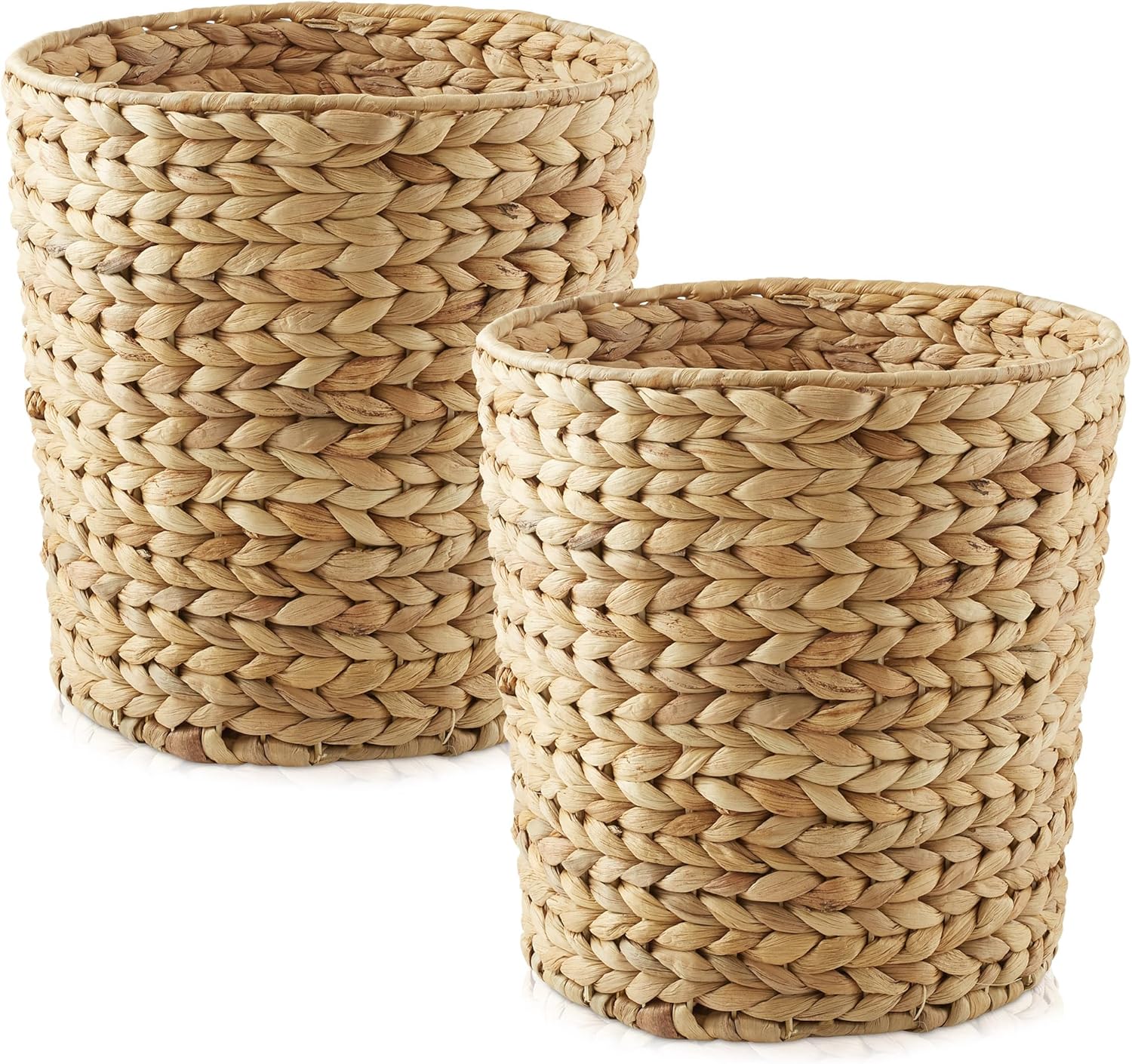 Casafield Set of 2 Water Hyacinth Waste Baskets - Natural, Round Woven Trash Can Bins for Bathroom, Bedroom, Laundry Room, Home Office