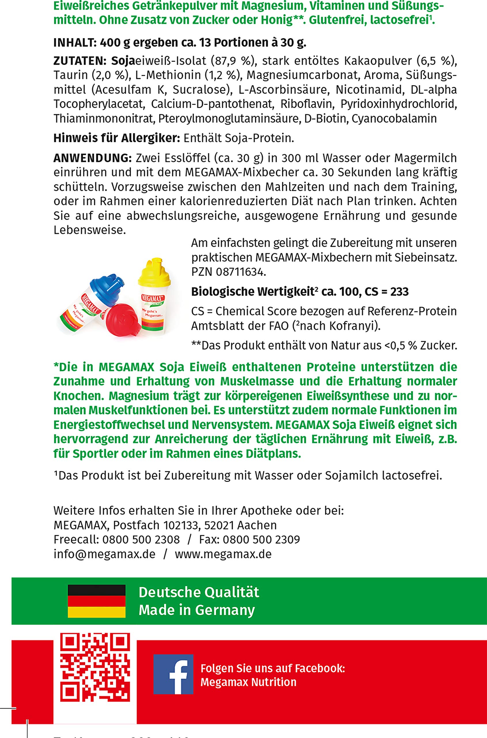 MEGAMAX Soja Eiweiß + Taurin + L-Methionin Schoko 400 g Glutenfrei | Sojaeiweiß-Isolat Low Carb | pflanzliches Eiweiss, Laktosefrei, Aspartamfrei | Veganes Protein für Muskelaufbau und Muskelerhalt