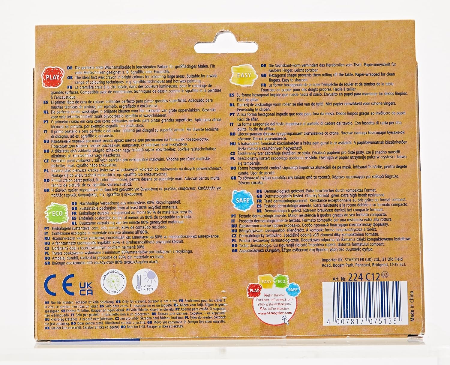 STAEDTLER 224 C12 Noris ジュニア 子供用 厚手ワックスクレヨン 12色パック 段ボール箱入り