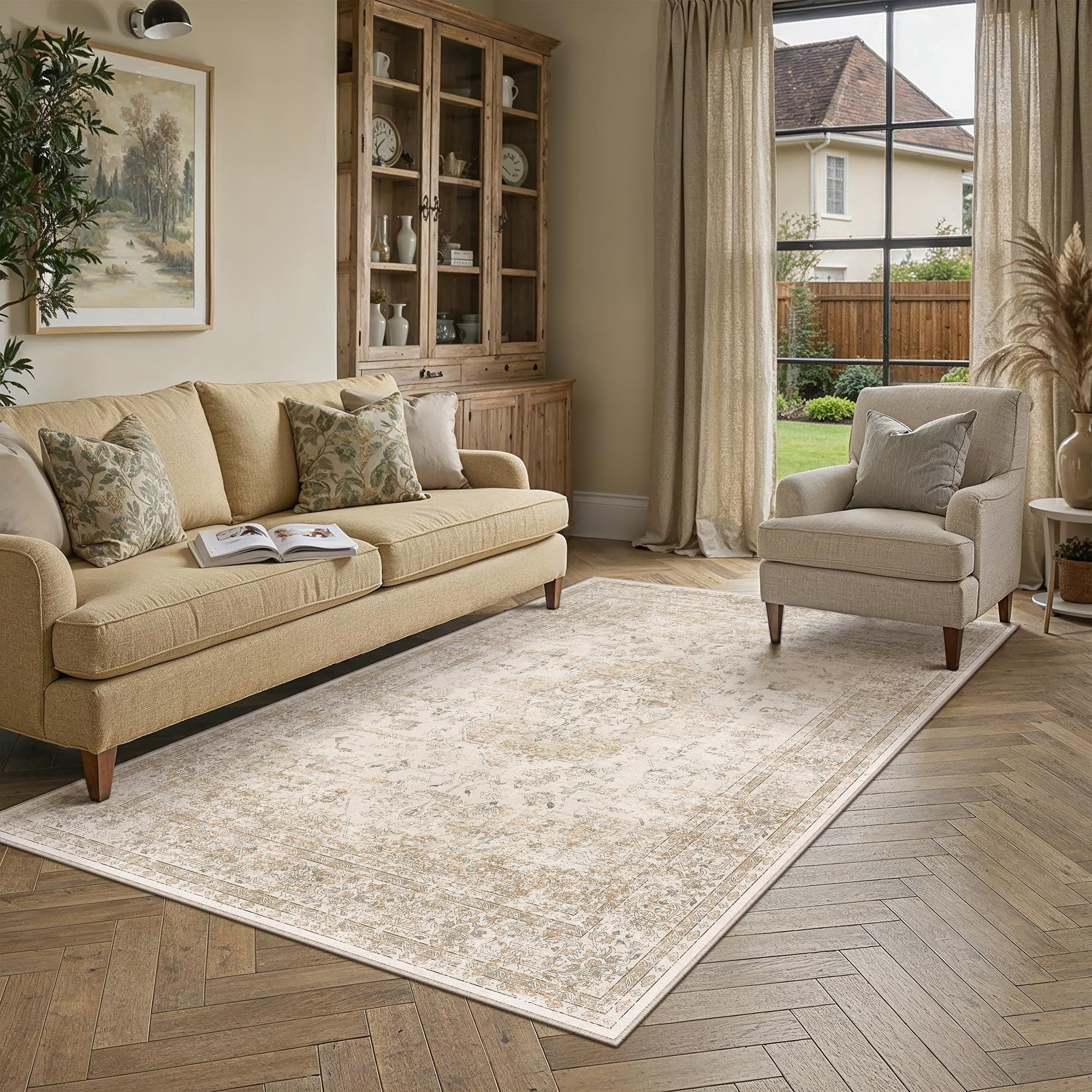 PureCozy 5x8 Washable Area Rug Beige Vintage Distressed Living Room Carpet for Office Oriental Soft Thin Indoor Retro Non Slip Low Pile Floor Cover for Ding Room Bedroom Laundry Dorm — image 1