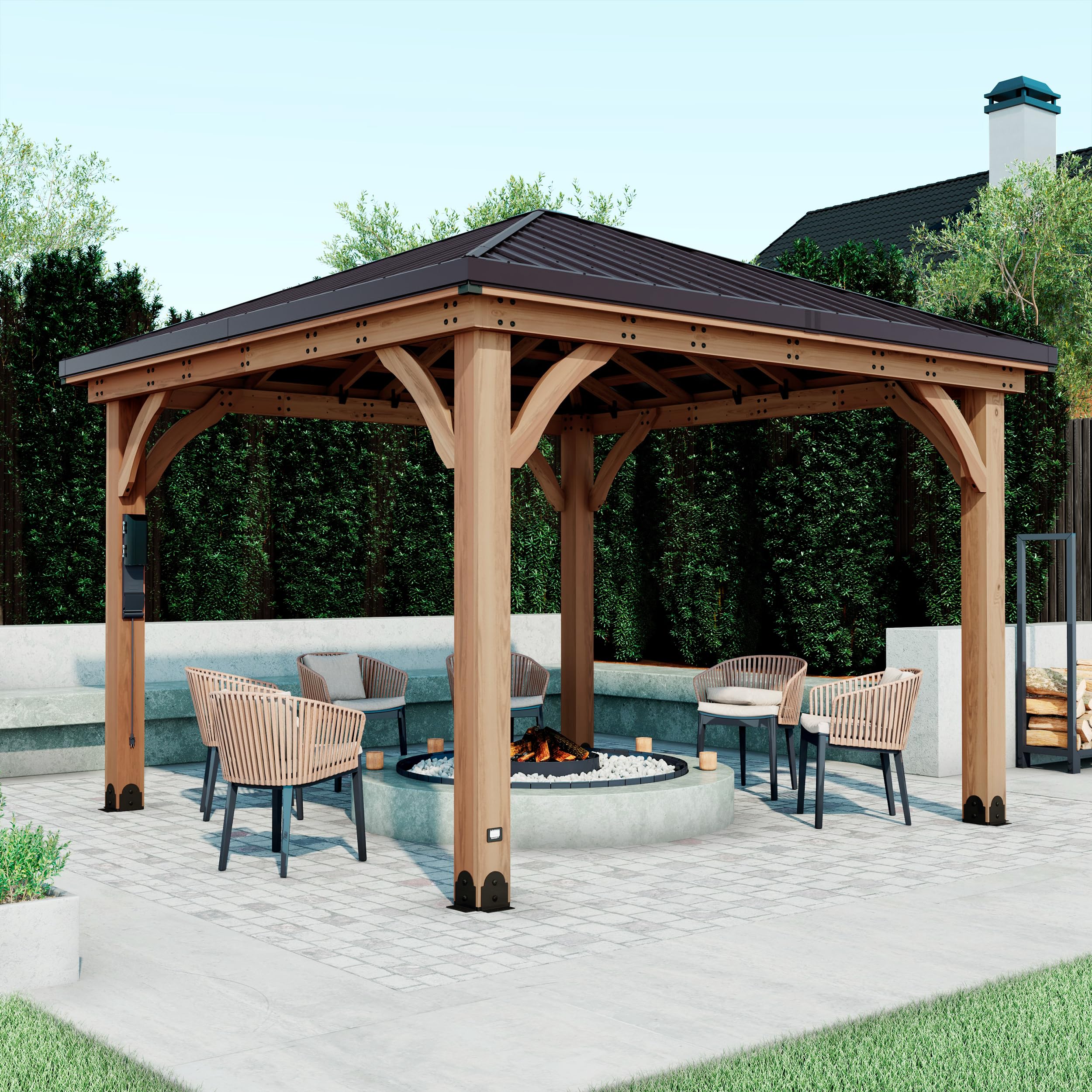 Backyard Discovery Barrington 12' x 12' Cedar Wood Outdoor Gazebo Pavilion with Hardtop Galvanized Steel Hip Roof, Snow Support, Wind Resistance,