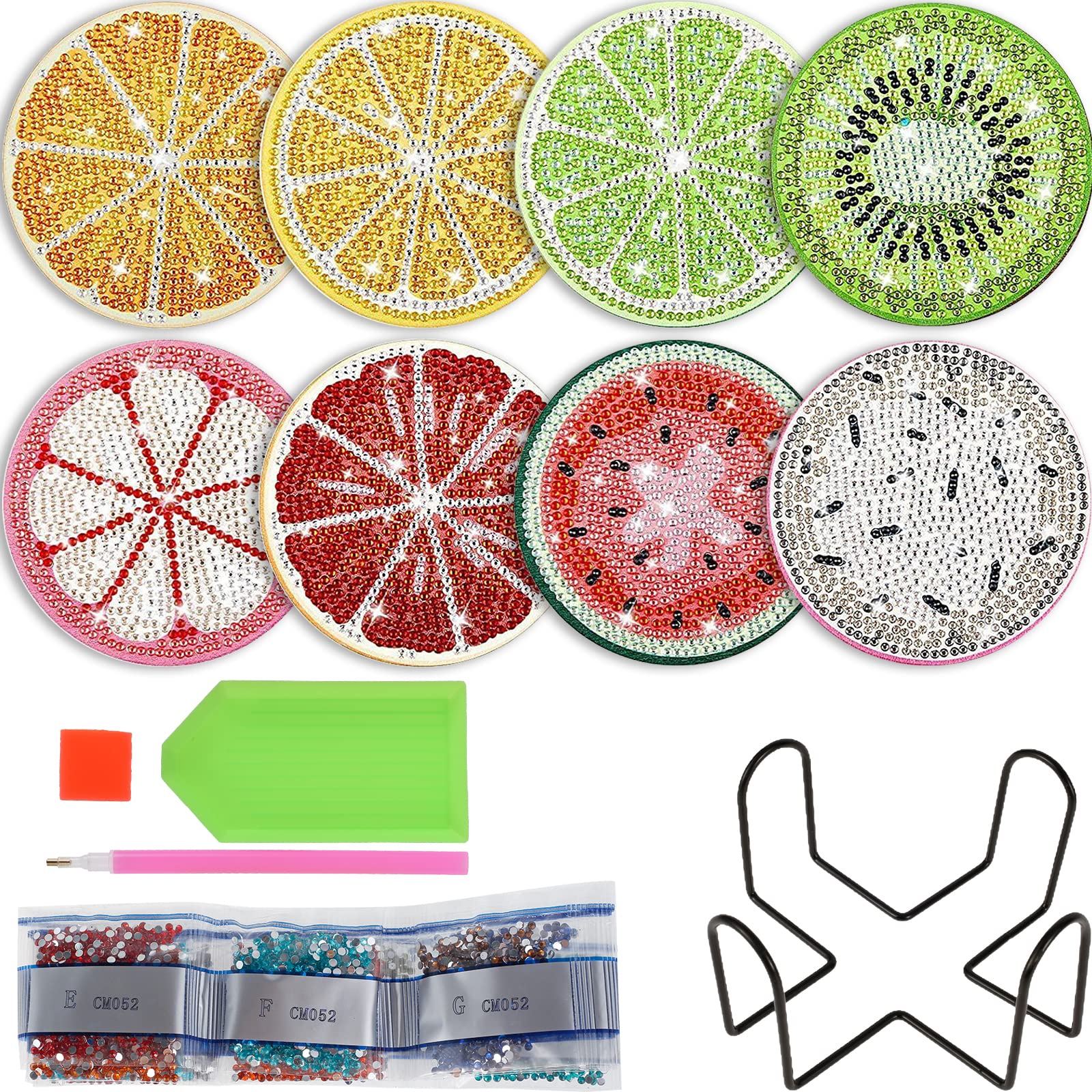 CBWERBB 8Pcs Fruit Diamond Art Coasters Kits with Holder DIY Fruit Coasters Mosaic Kits Round Full Drill Art Craft Supplies for Adults, Non Slip Crafts for Tabletop Protection