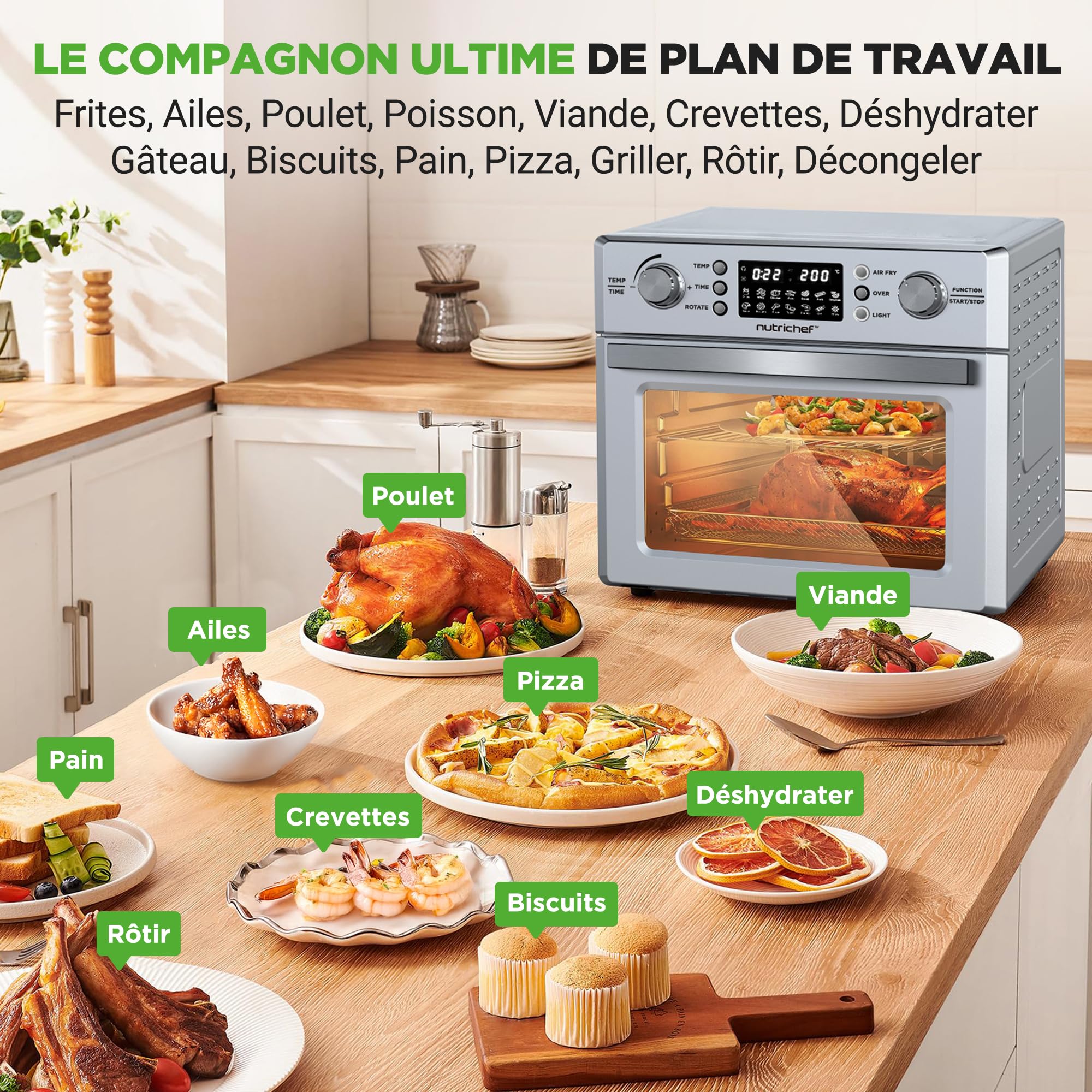 NutriChef Four Friteuse à Air Chaud 26L–Friteuse à Air Électrique 1700W avec Rôtissoire, Mini Four de Comptoir à Convection,10 Programmes, Panier de Friture,Grille de Cuisson & Plateau Ramasse-Miettes
