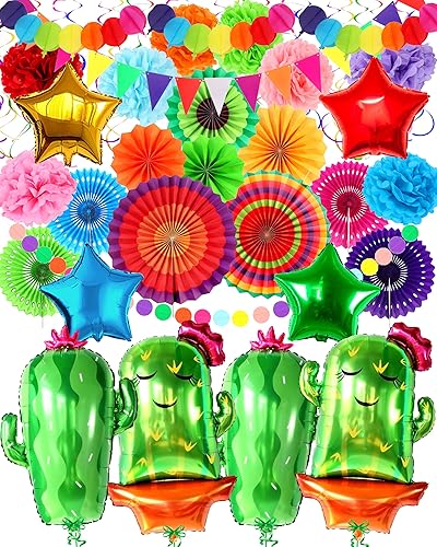 Colorido juego de decoración de abanico de papel para fiesta, paquete de 39, globos de cactus para decoraciones de fiestas mexicanas, paquete de 4,