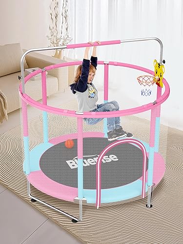 Miniatura 32 de BLUERISE Trampolín infantil de 55 pulgadas y 6 pies para jugar en interiores y exteriores, para niños, trampolín, aro de baloncesto con red de Azul