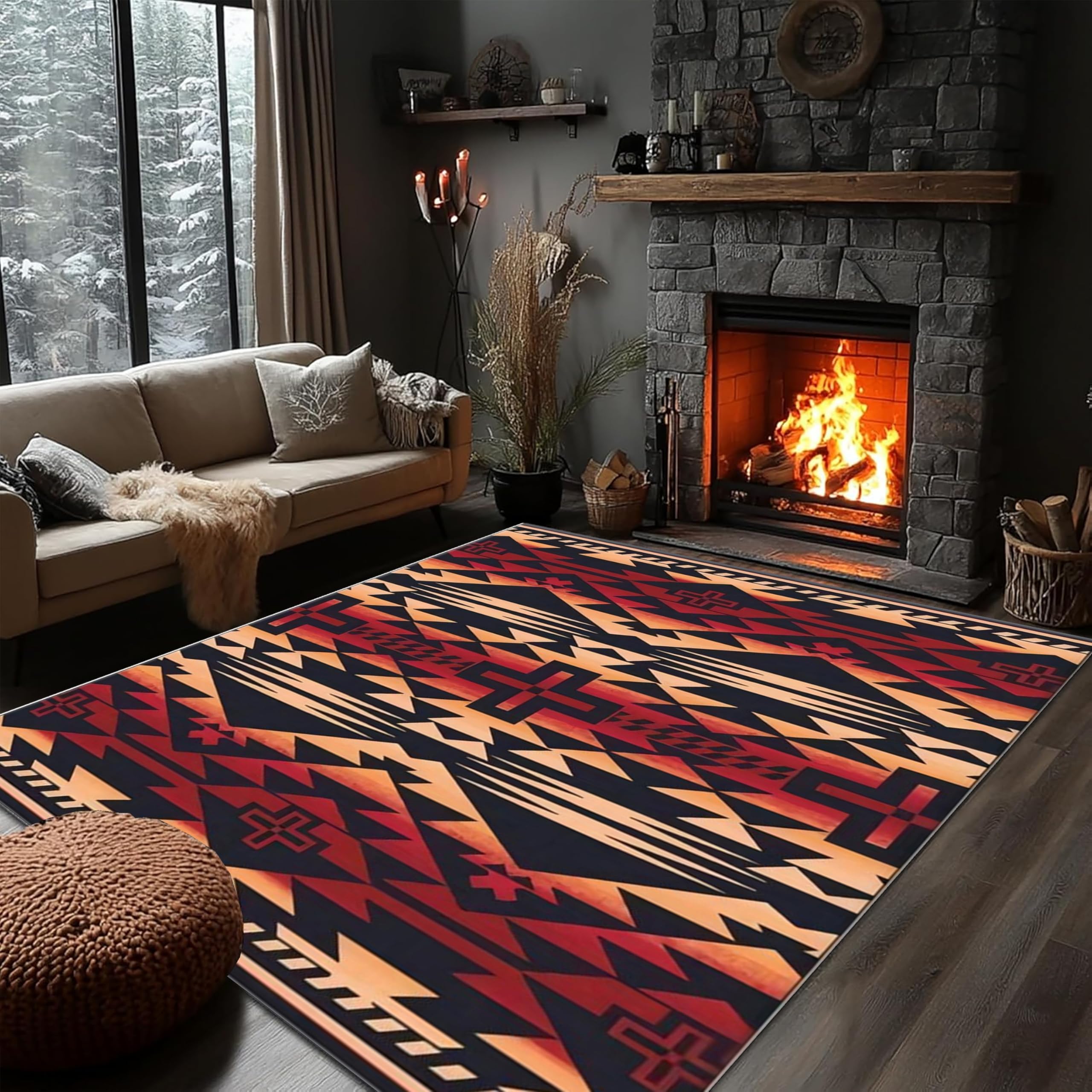 PDENZG Western Rugs for Living Room，160x230cm,Southwest Aztec Series Rug, Bohemian Rug for Living Room Bedroom, Machine Washable Indoor Non-Slip Carpet， Entrance Office, Black Ivory, Green Red,