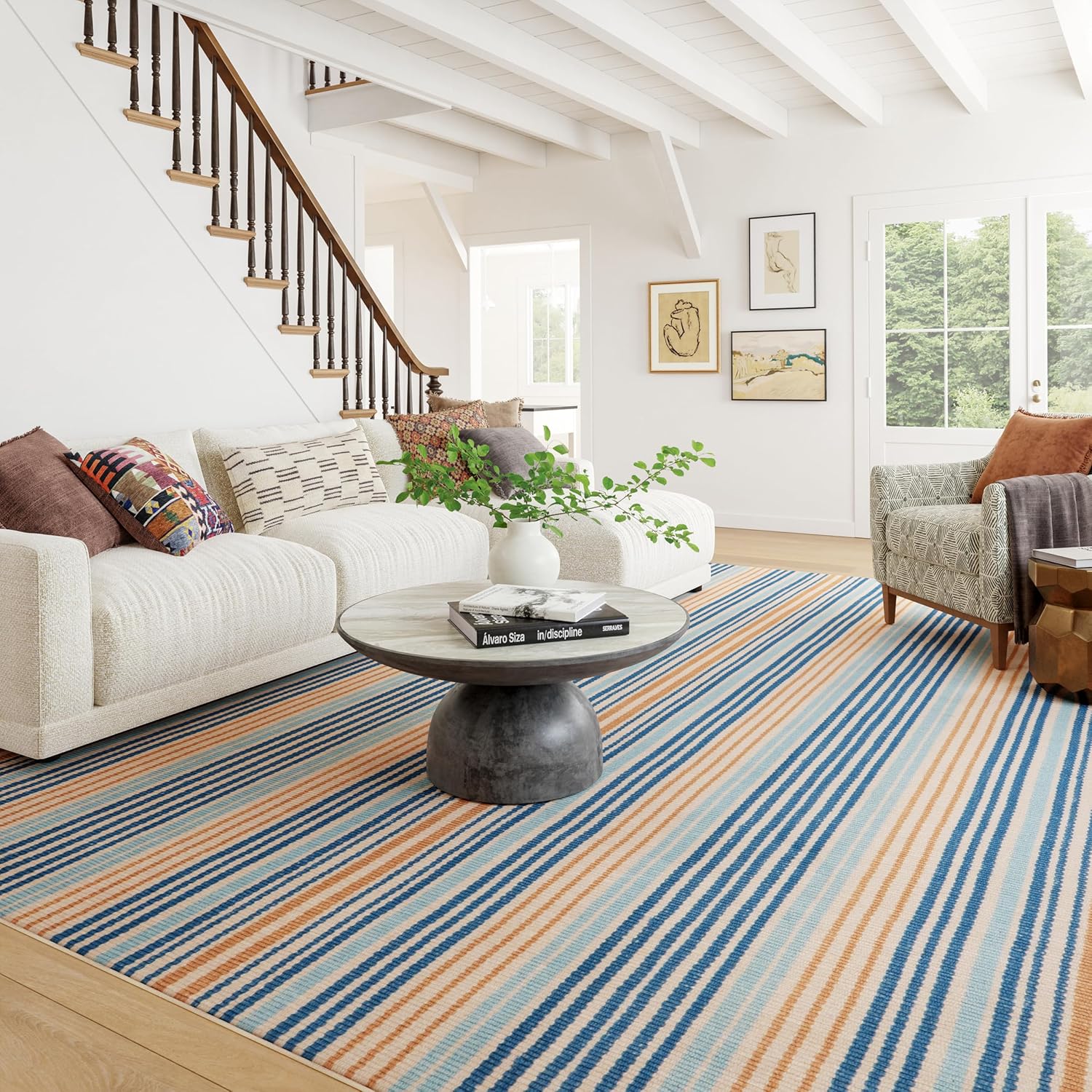 Dash & Albert Tyne Blue Machine Washable Rug, Runner-2.5 X 8 Feet, Blue/Tan Stripe Pattern
