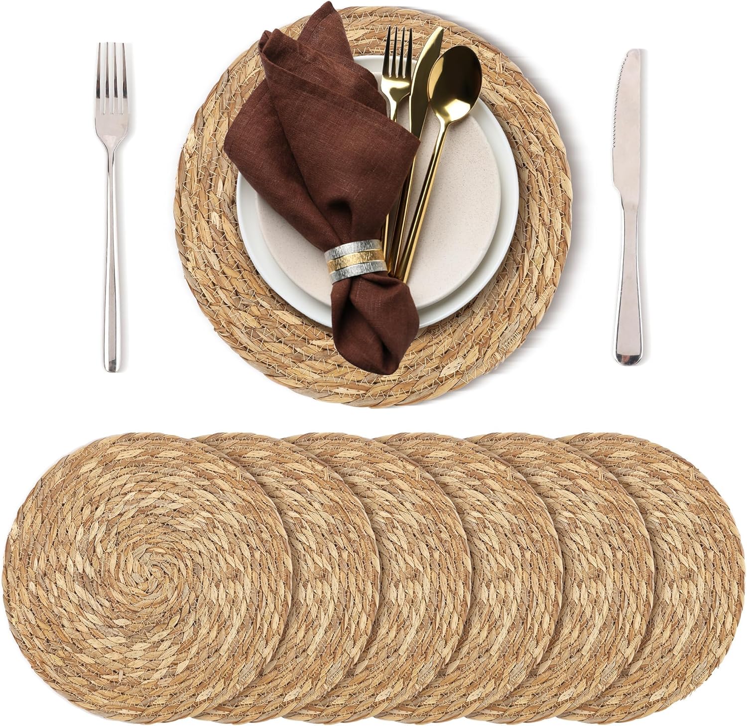 Set of 27 Round Woven Placemats - 12 Inch Natural Boho Rattan Wicker Table Mats for Home Dining Table