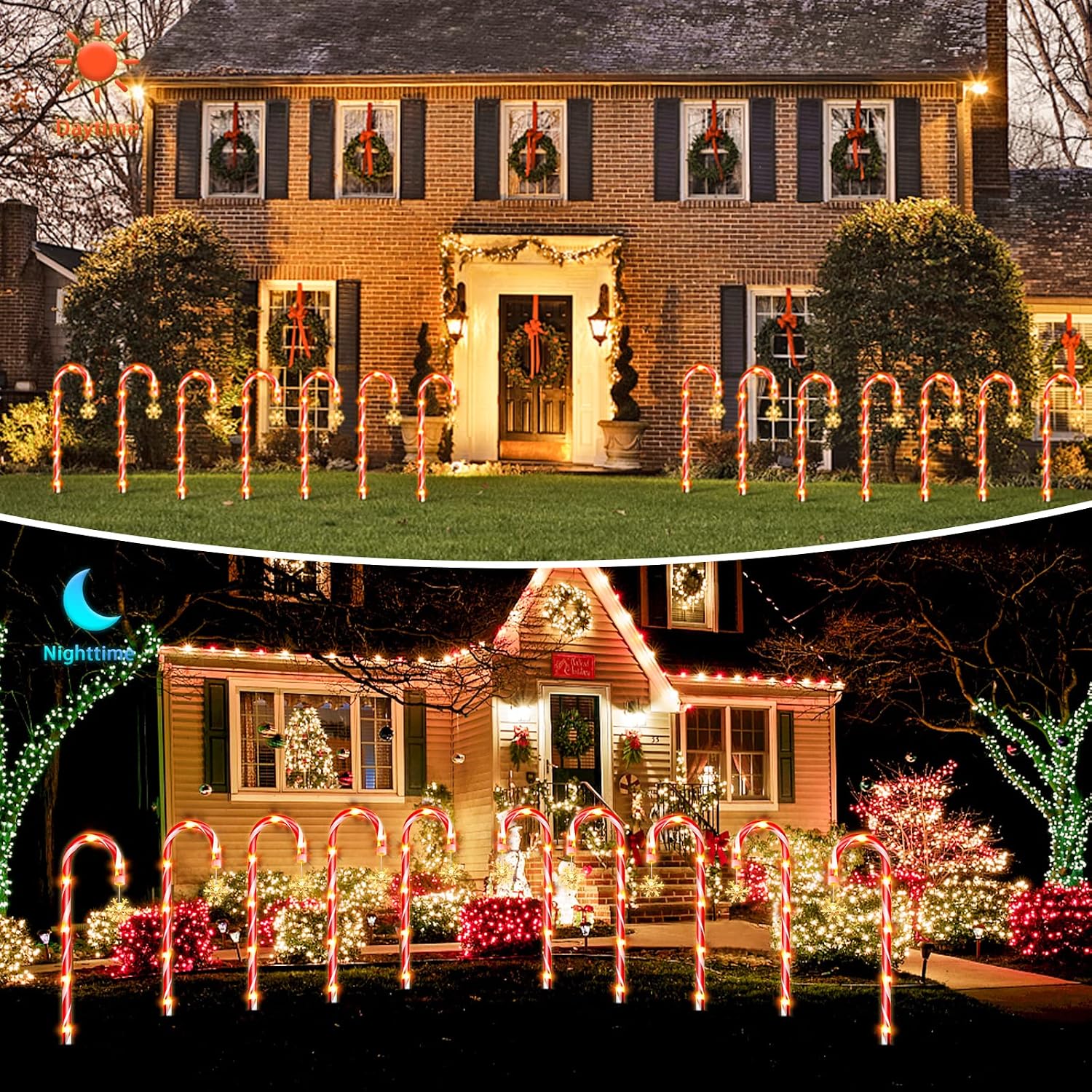 16PK 21" Candy Cane Lights Outdoor Pathway Lights, 56ft Christmas Candy Cane Lights with Snowflake,112 Warm LED for Christmas Decorations