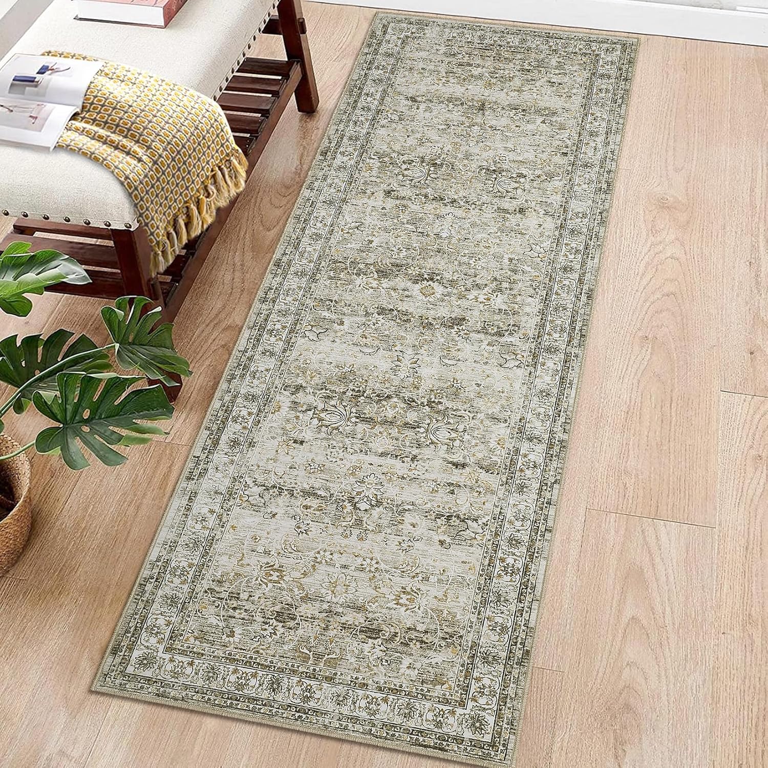 GlowSol Washable Runner Rug 2x6 Vintage Area Rug Hallway Indoor Kitchen Washable Living Room Carpet Oriental Distressed Rug Retro Accent Throw Rug for Office Dining Room Bathroom Faux Wool,Taupe
