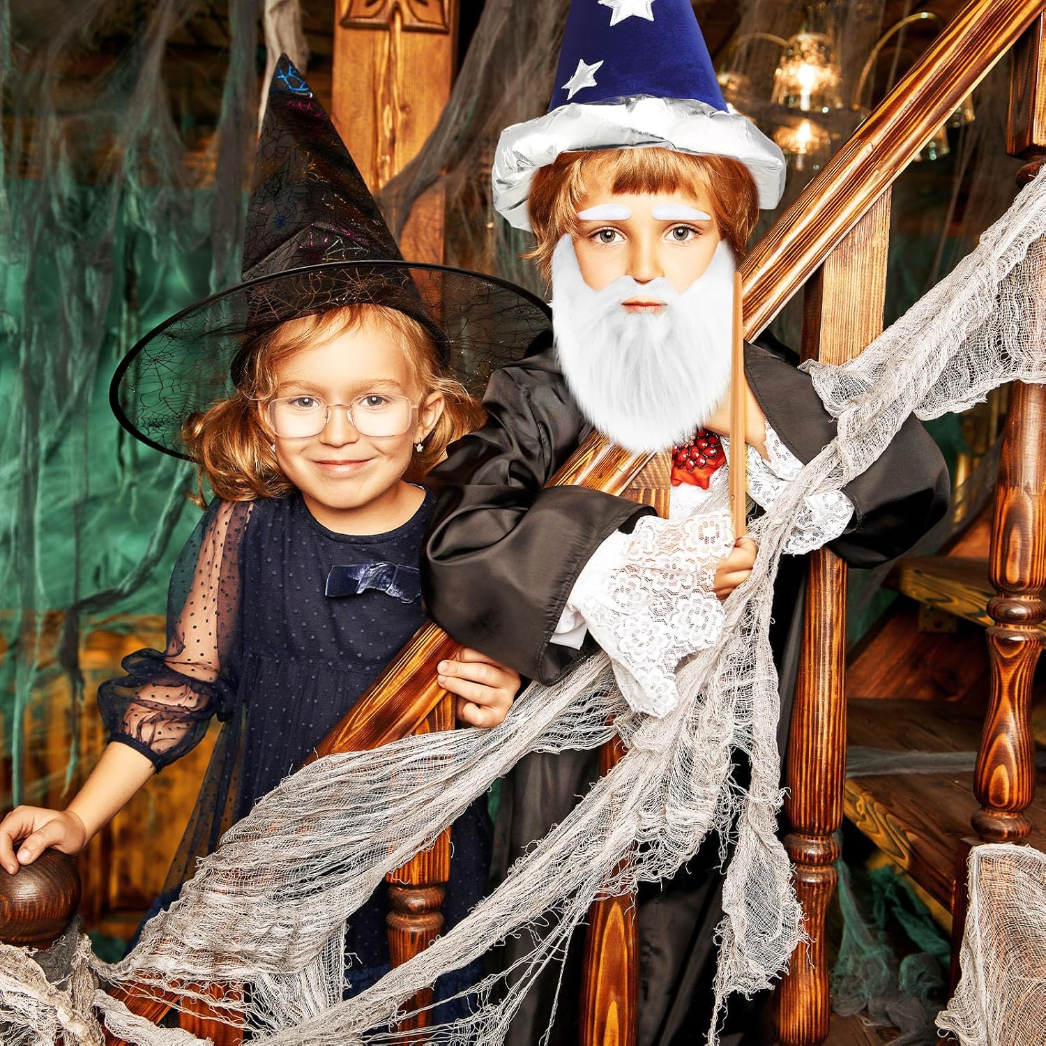 Yahenda 4 Pcs Wizard Halloween Costume Accessories Wizard Hat, Beard, Glasses and Wand Costume for Adult Halloween Cosplay Pretend Play and Party Dress - Image 6