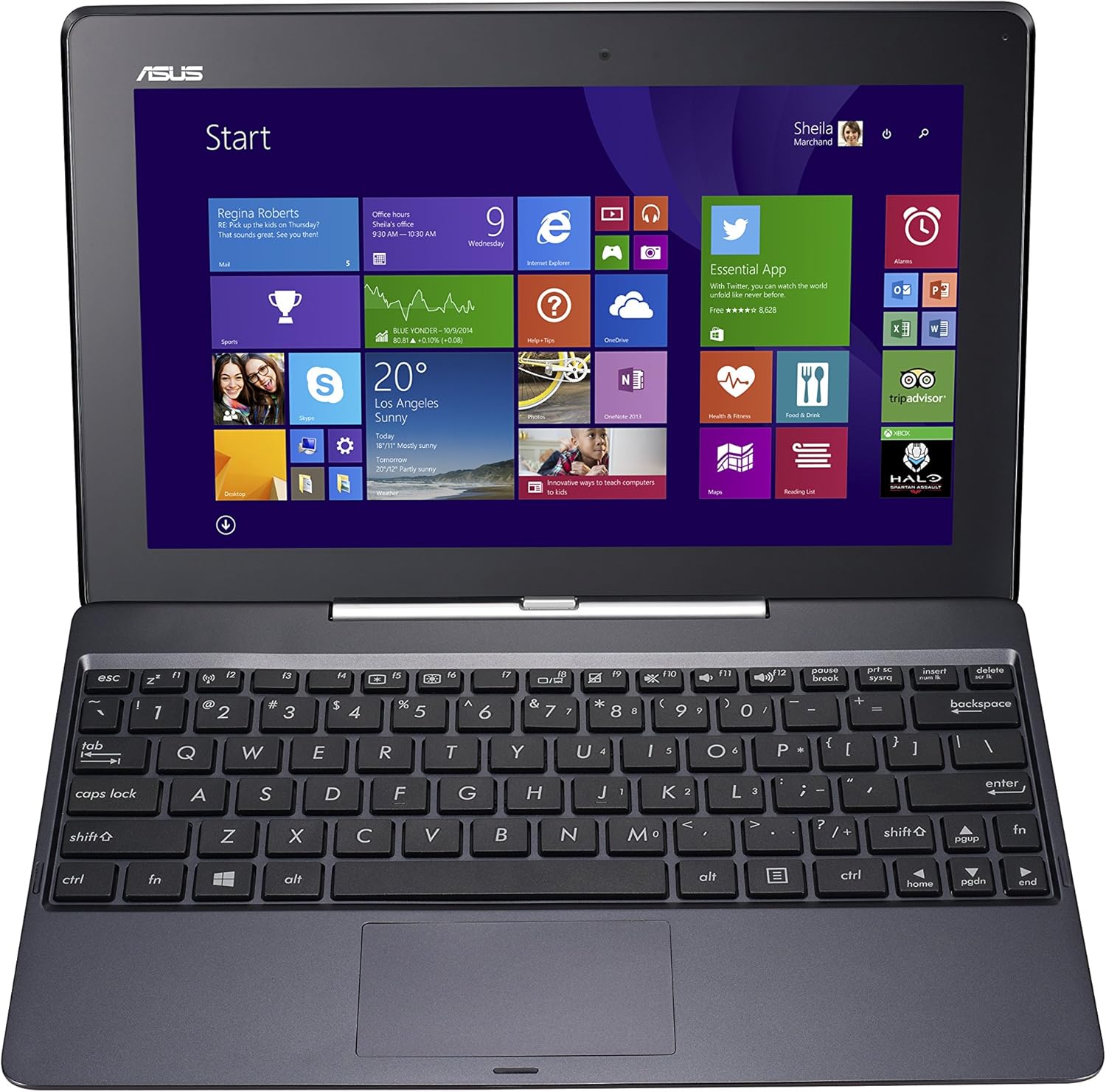 ASUS T100 tablet securely docked into its keyboard, forming a compact laptop.