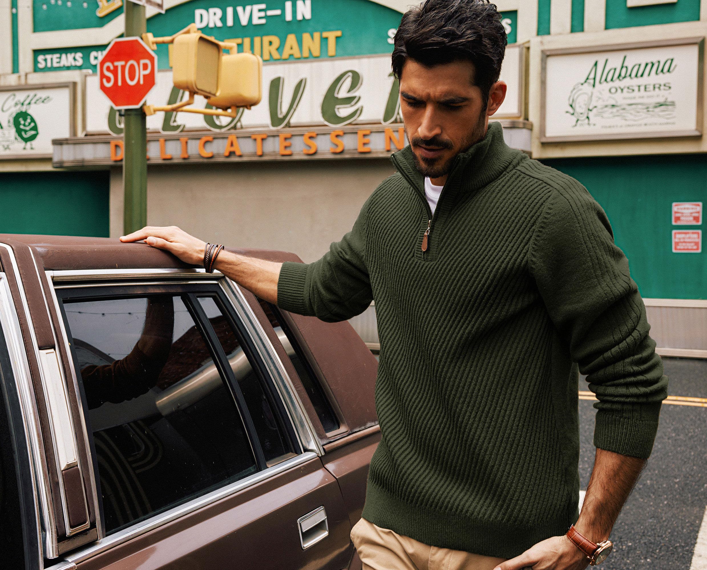 PJ PAUL JONES Suéteres de punto con cremallera de un cuarto para hombre, estilo casual, corte entallado, con textura | Jersey ajustado de cuello alto para suéteres de otoño e invierno