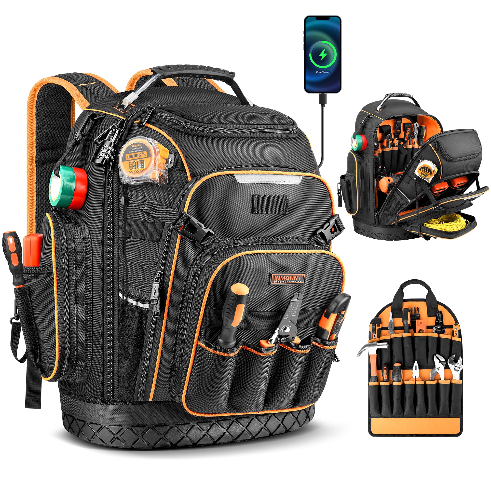 Tool Backpack, HVAC Tool Bag with Molded Base, Full Opening Electrician Tool Backpack for Men Heavy Duty, Tools Organizer Bags for Jobsite Work Handyman, Large Pockets & Combination Lock