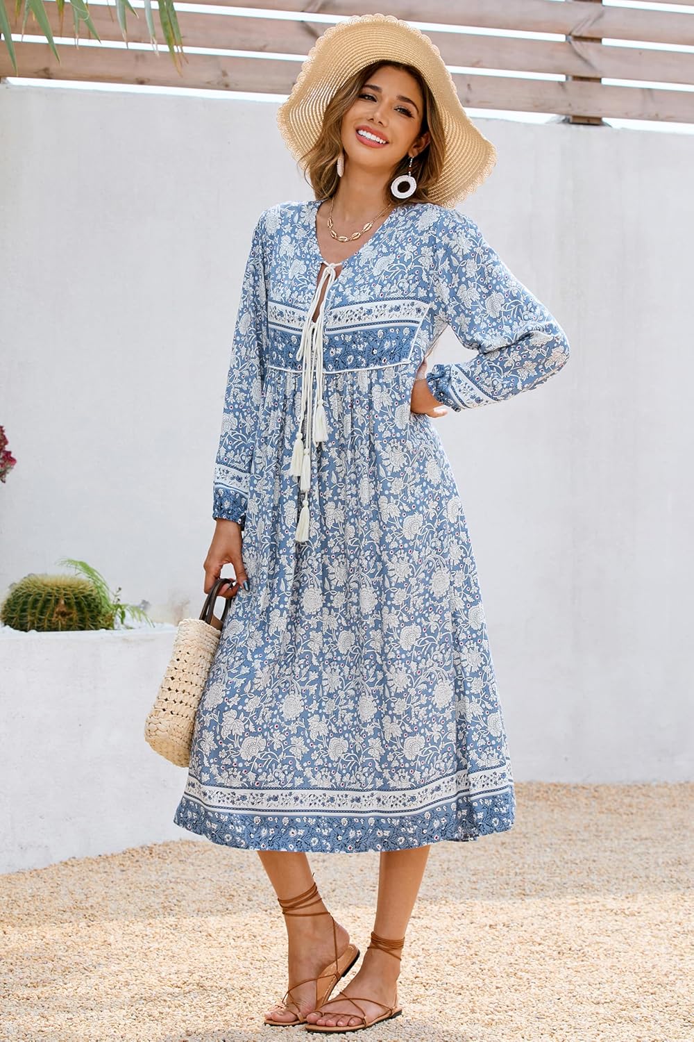 R.Vivimos Women's Long Sleeve Floral Print Retro V Neck Tassel Bohemian Midi Dresses - Image 2