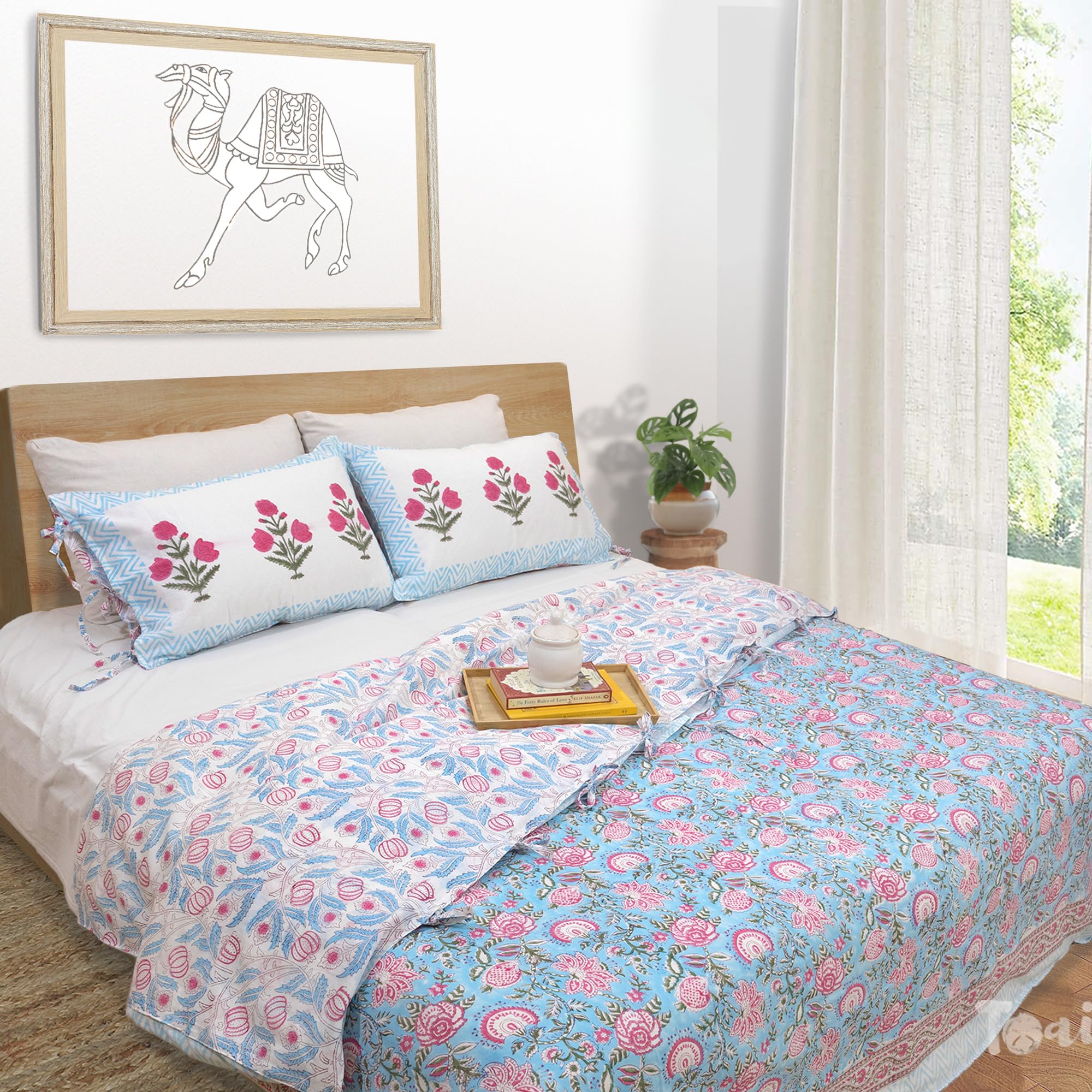TOAIArt Pure Cotton Duvet Blanket Quilt Rajai Cover | Tie & Envelope Closure| Flex Cotton| Single 60"x90"| Corner Ties with Pillow Covers| Jaipur Hand Block Printed|Pink Florals on Blue-image-7