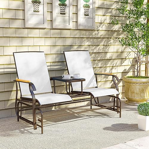 Miniatura 9 de Outsunny Banco planeador para 2 personas, silla de columpio para patio, sofá biplaza con malla transpirable, mesa, marco de acero para jardín, patio