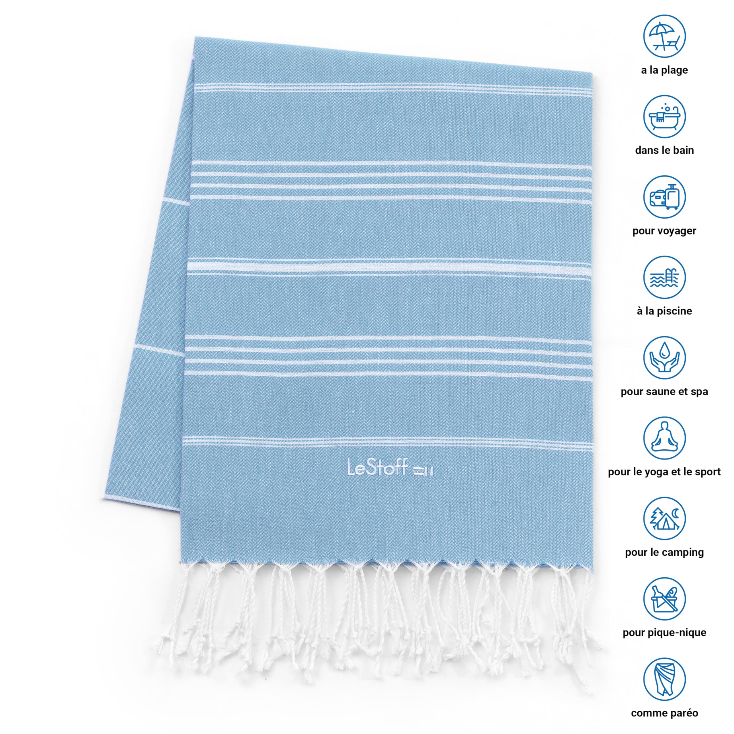 LeStoff 2 foutas hammam, 100% Coton Bio, 95x180 cm, Bleu Ciel/Bleu Clair | Serviettes de plage, sauna, bain, douche, yoga, voyage et spa – prélavées, durables, légères, absorbantes, séchage rapide