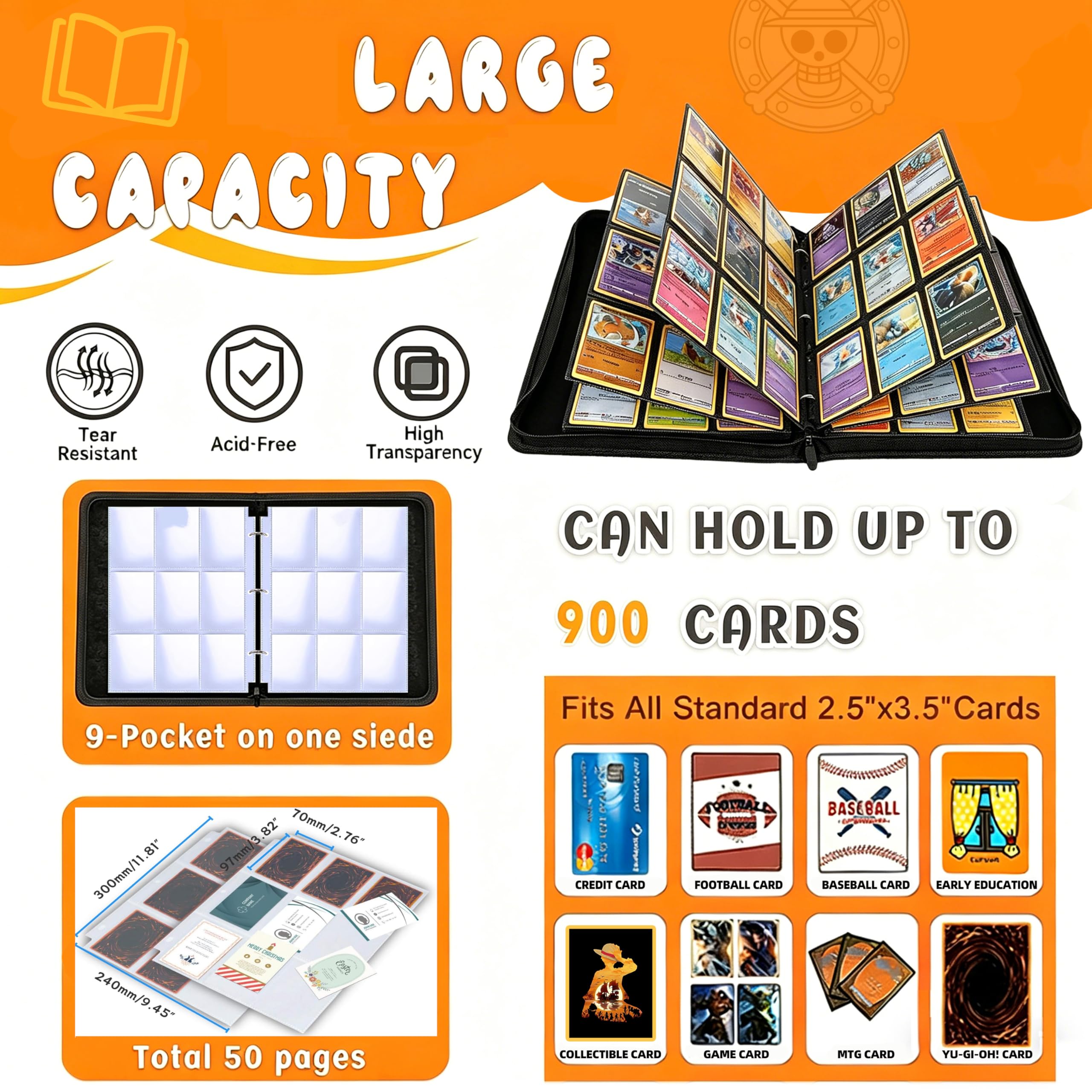 900 Taschen Sammelkartenbinder für One Piece Karten, 3 Ring Zipper Card Binder mit 50 abnehmbaren 9 Pocket Sleeves, Wasserdichtes Kartenalbum für TCG, MTG, Sport & Anime Karten, Kartenhalter in