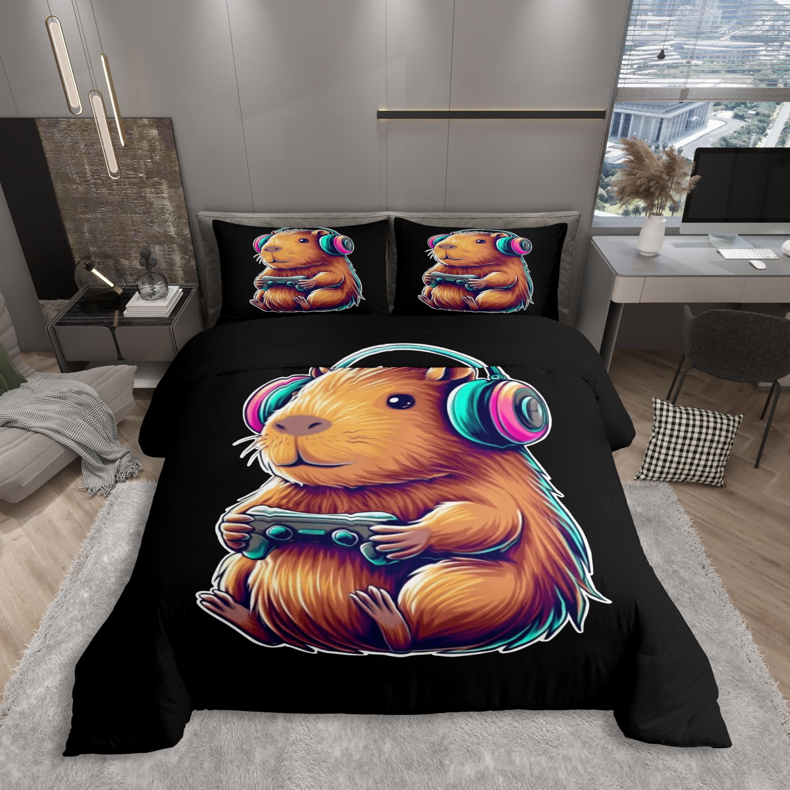 Homewish Cooler Gaming Capybara Sachen Bettwäscheset 155x220cm Nette Capybara Lustige Videospiele Gamer Bettbezug Kinder Farbverlauf Headset Trendkunst Dekor Teenager Bettwäsche Tierliebhaber Bettset