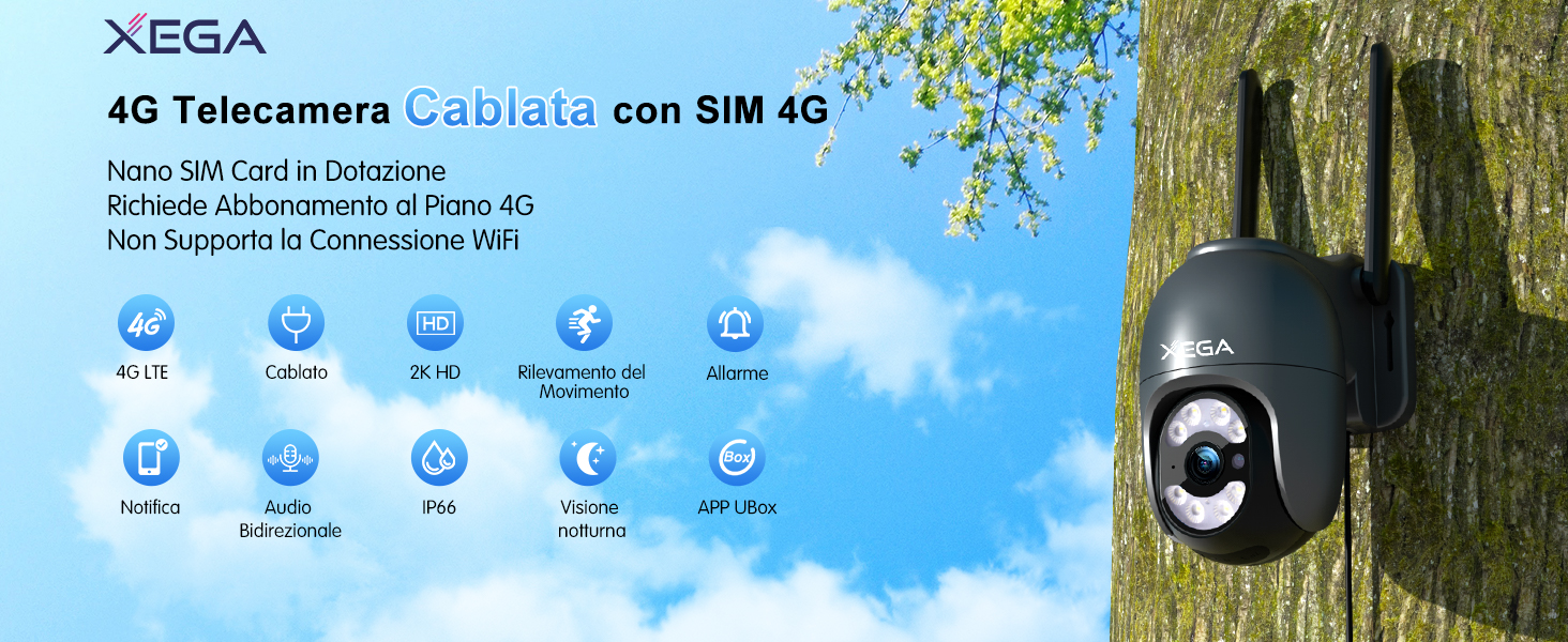 Telecamera 4G Esterna Con SIM XEGA – Registrazione Continua 24/7, Rilevamento Umano, Inseguimento Automatico, Visione Notturna E IP66 (Alimentazione Cablata)