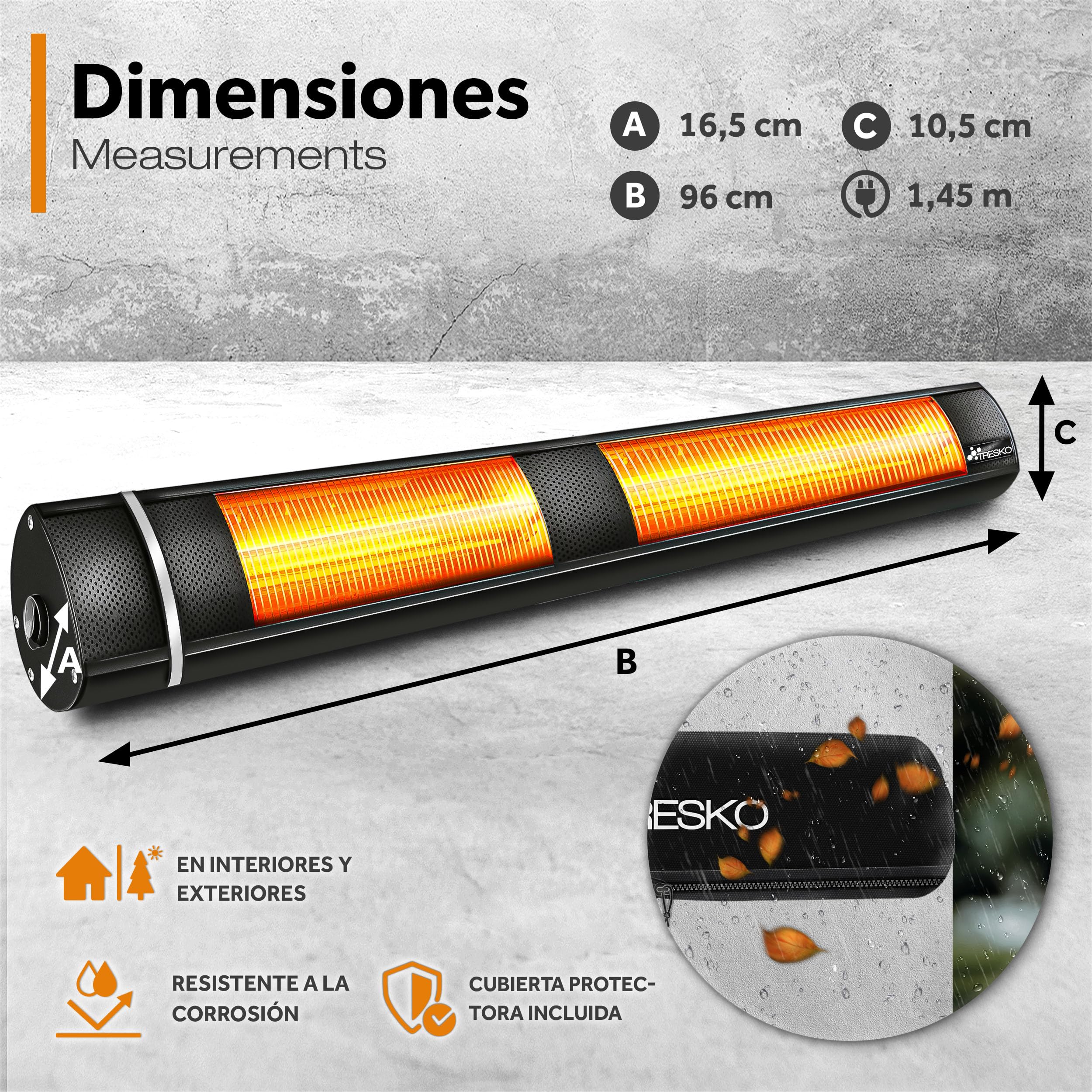 TRESKO Calefactor por Infrarrojos de Pared | 3000W + Control Remoto | Estufa Radiante con 3 Temperaturas | Radiador Eléctrico para Exterior e Interior | Calentador de Cuarzo (Negro)
