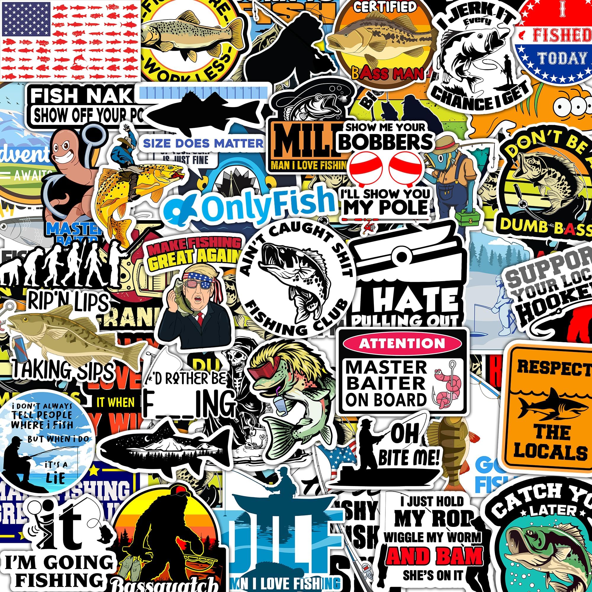 74pcs Funny Fishing Stickers for Tackle Box, Bucket, Father's Day Gift Waterproof Laptop Car Vinyl Skateboard Water Bottle Hard hat Tool Travel Case Guitar