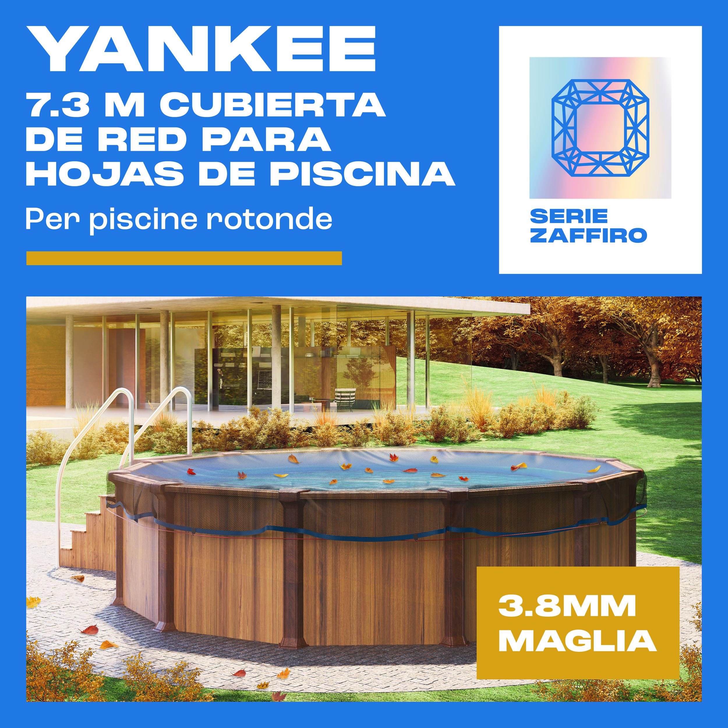 Yankee - Rete per foglie per piscina, rotonda, in rete, 0,4 cm, copertura per piscina fuori terra, previene foglie e detriti, rete resistente anti-intasamento (690-730 cm (Ø850cm))