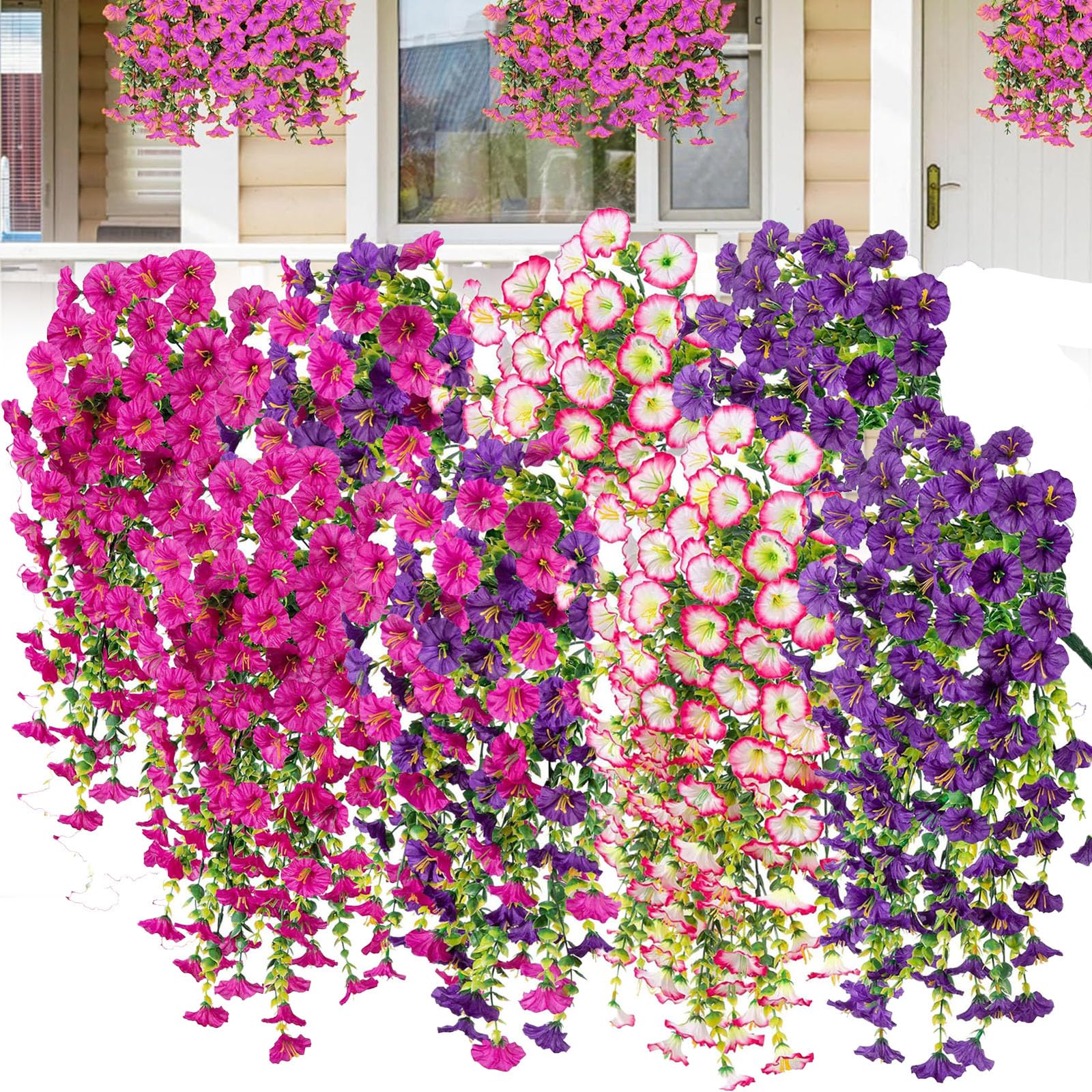 Agares D 8Pcs Combination Artificial Morning Glory Hanging Flowers, 75Cm Lifelike Uv Resistant Faux Vine Plants With Rooping Leaves, Fake Flower Bouquets For Home Wall Porch Patio Garden (D)
