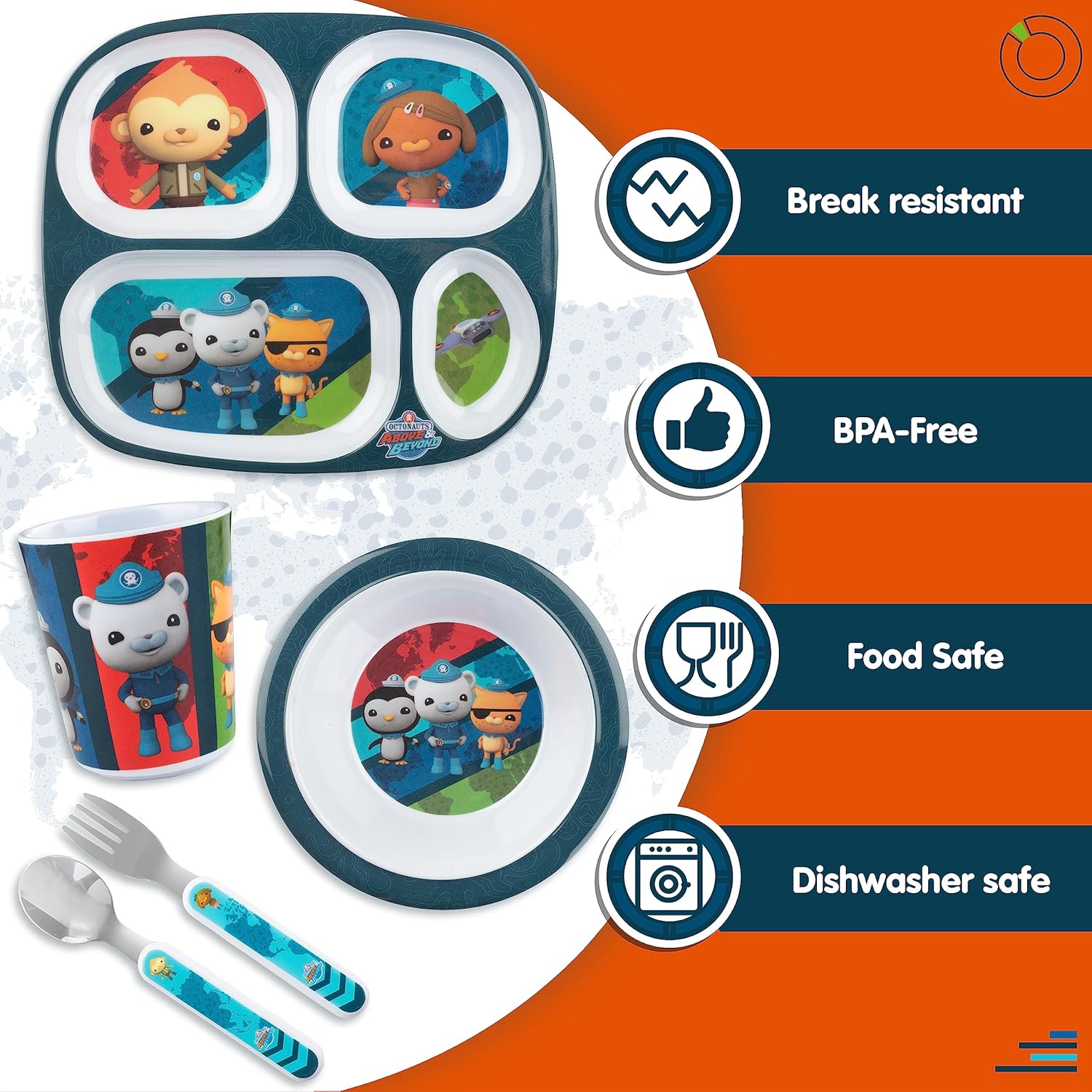 Octonauts 5 Pcs Mealtime Divided Plate Feeding Set for Kids -Blue Explorer- Includes Raised Edge Plate & Bowl, Cup, Stainless Steel Fork & Spoon-Durable, Dishwasher Safe, BPA Free - Gift for Toddlers