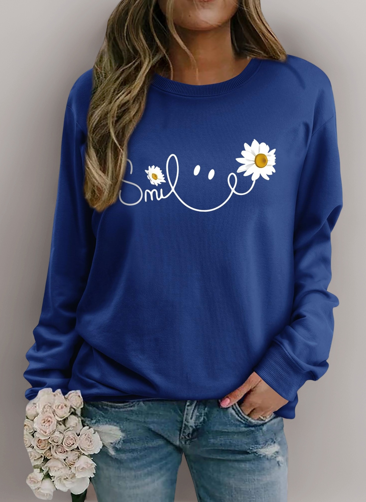 – Long Sleeve Tops Women Crew Neck Sweatshirt Smile Daisy Graphic Print Shirt Ladies Fashion Casual Blouse