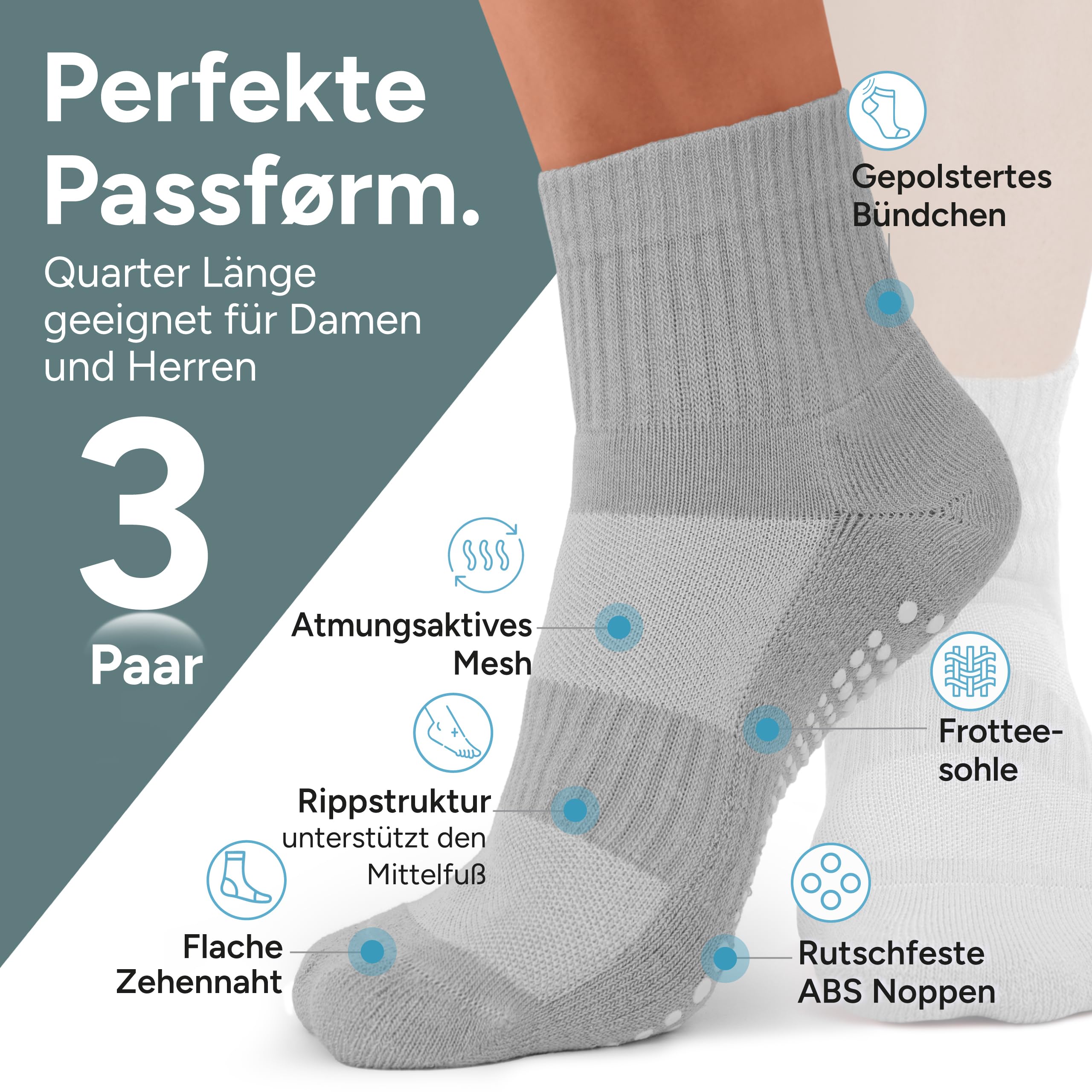 3 Paar Pilates Socken Quarter – knöchelhohe ABS-Stoppersocken mit rutschfestem Grip für Pilatesgerät & Matte – atmungsaktiv & bequem – Damen & Herren – Größen 35–50