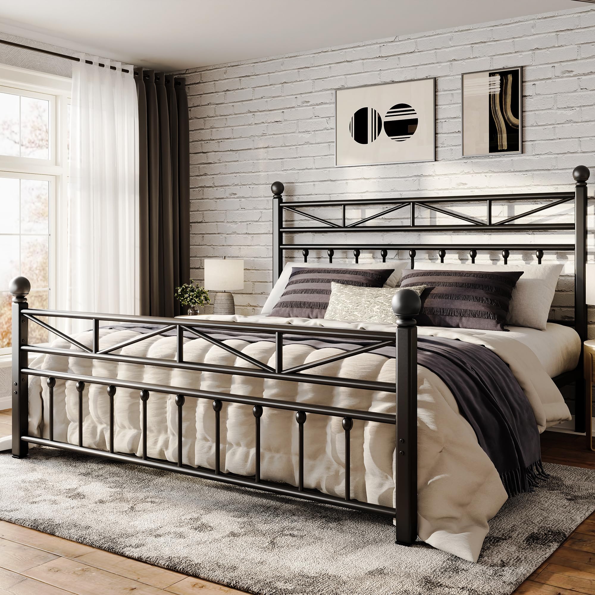 EnHomee 54 Metal King Bed Frame with Tall Headboard Footboard LED Light King Bed Frame Strong Metal Slats