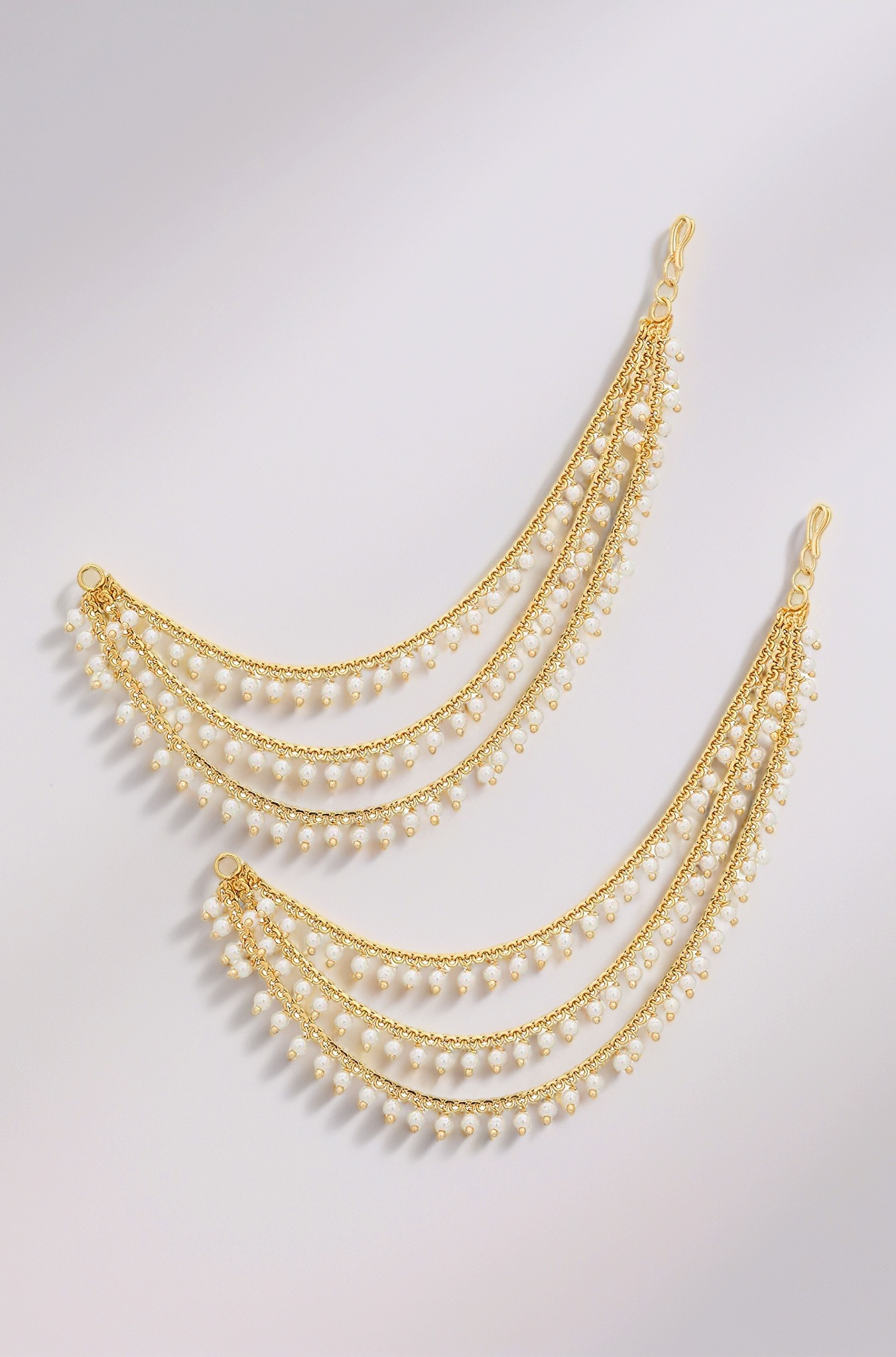 MEENAZ Brass copper Gold kanchain 3 layer long bridal wedding ear kan chain Champaswaralu earchains Ear Chains for Hair Jhumka Jhumki kanoti moti pearl Traditional Earrings for women girls Golden-M020