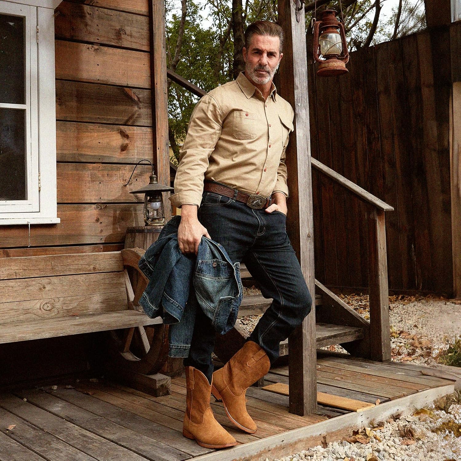 IUV Cowboy Boots for Men Suede Square Toe Western Boots Pull On Durable Classic Embroidered Boot - Image 2