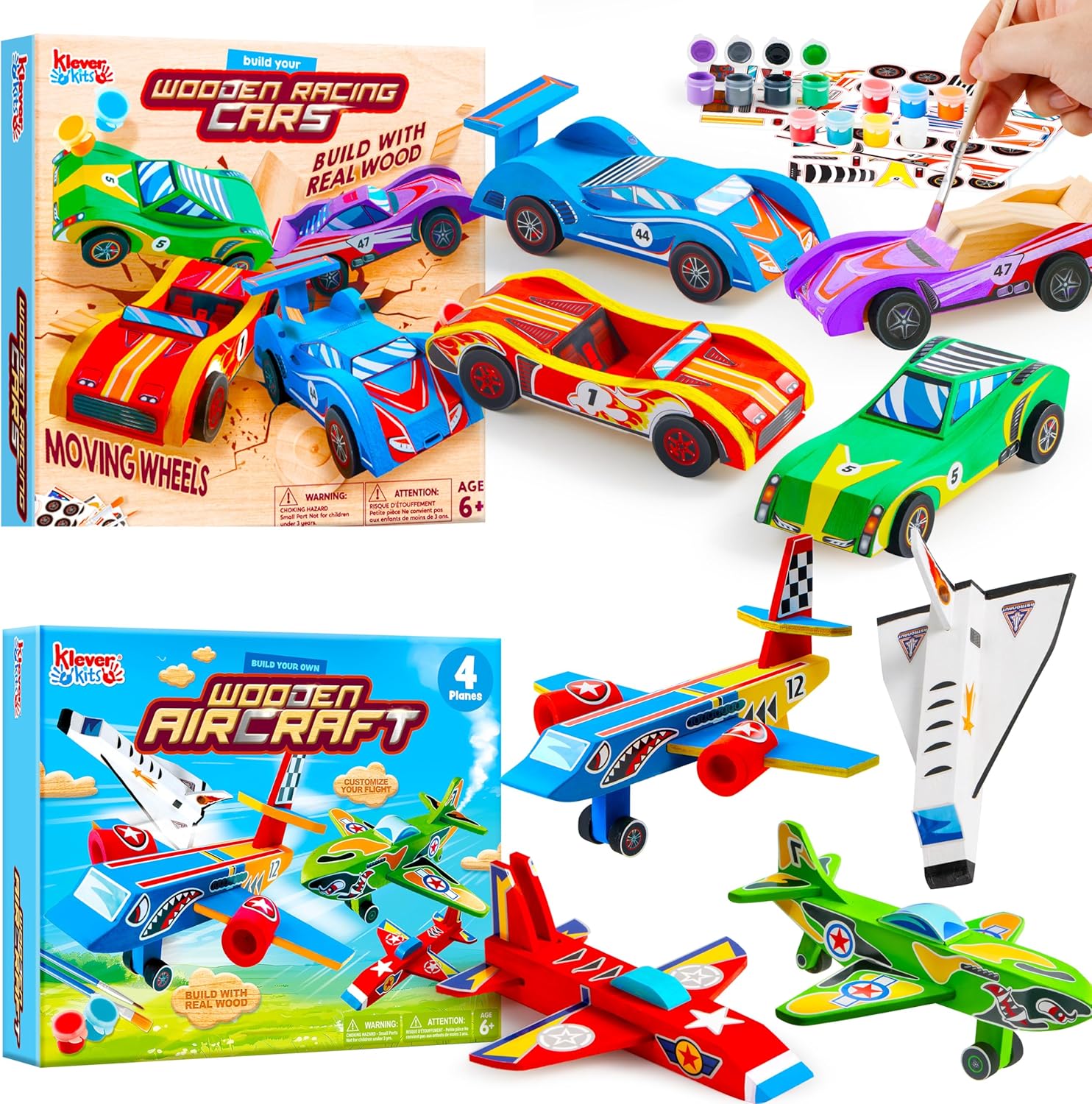 Klever Kits 4 DIY Wooden Race Cars and 4 Wooden Aircrafts Set-Build & Paint Your Own Wood Craft Kit, Easy to Assemble Arts Crafts Kit, Birthday Party Presents for Kids Boys Ages 6 and Up