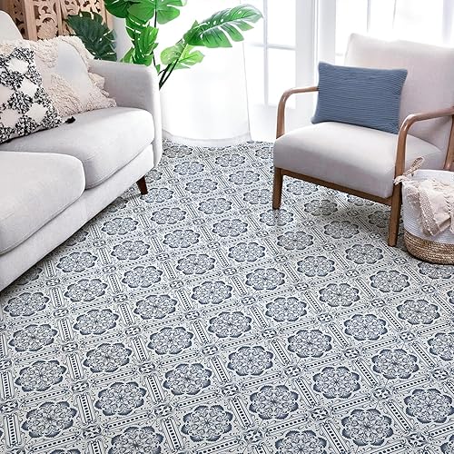 Miniatura 2 de Elffloor Azulejo de suelo autoadhesivo: 10 piezas autoadhesivas, impermeables, 11.8 x 11.8 pulgadas, diseño retro de flores azules para baño,