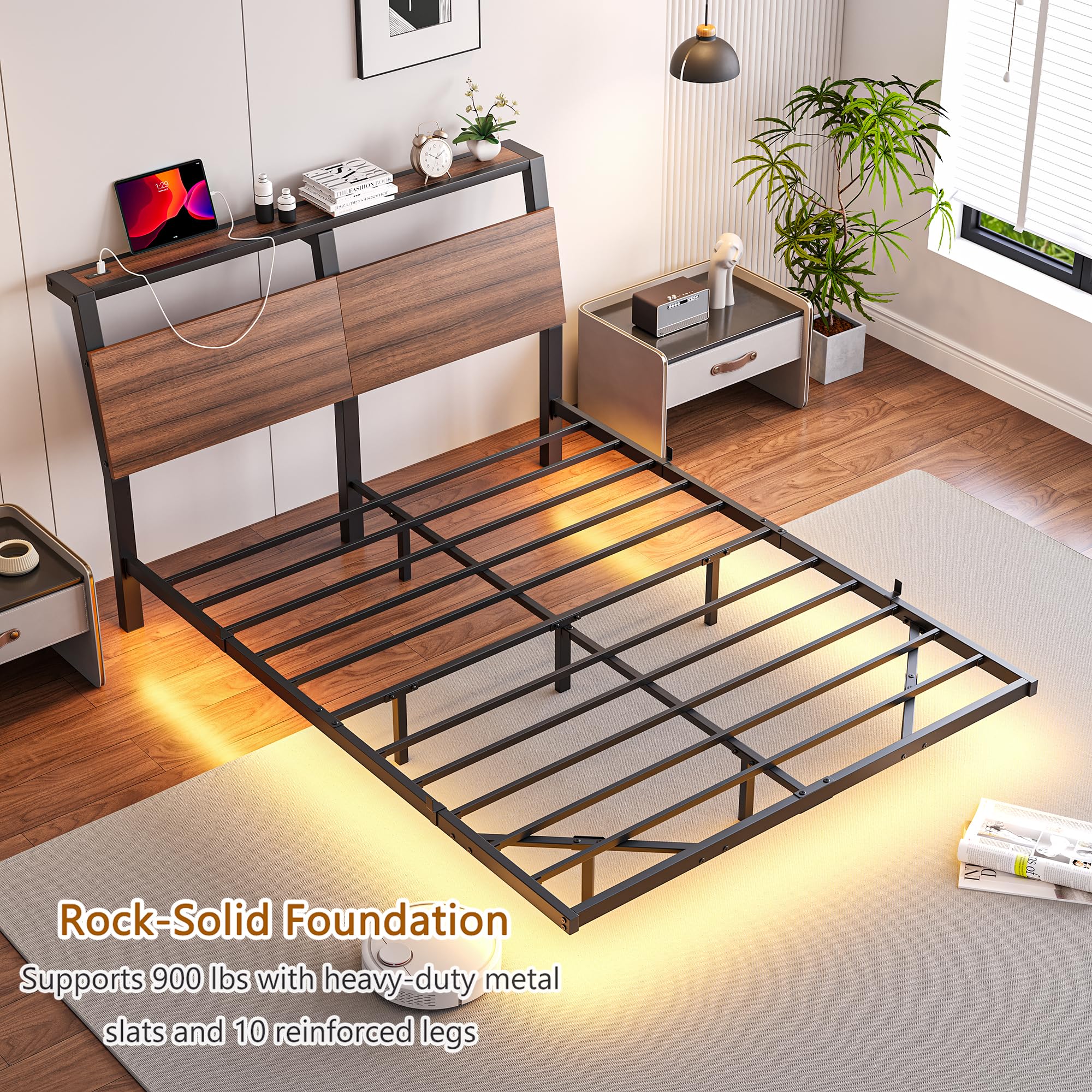 HOJINLINERO Struttura letto matrimoniale galleggiante, 135 x 190 cm, con luci LED e stazione di ricarica, struttura letto matrimoniale in metallo con testiera in legno, supporto a doghe in acciaio