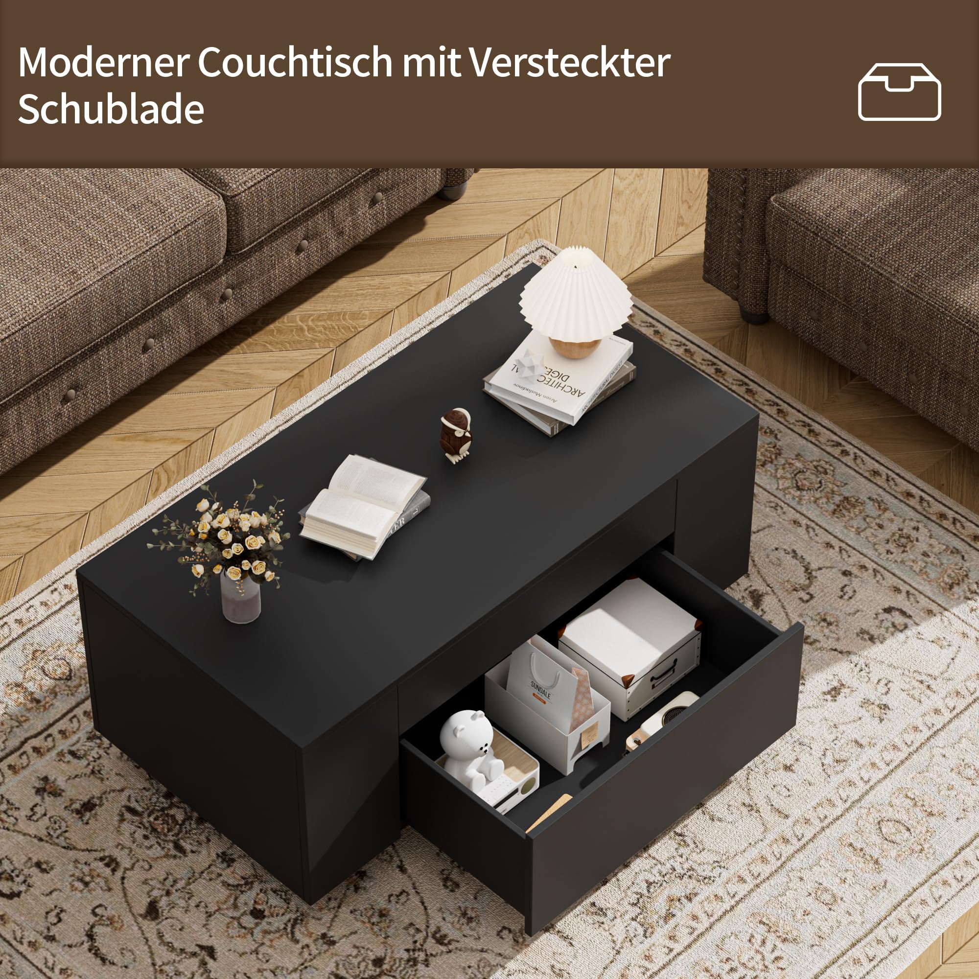 BonVache Couchtisch, Beistelltisch Couch, Wohnzimmertisch Holz mit Stauraum, Coffee Table, Kaffeetisch mit Versteckter Schubladen, Coffee Table, Sofatisch Tisch für Wohnzimmer, 90*50*42cm, Schwarz