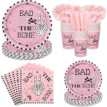 175 PCS Bad Two the Bone Party Decorations Girl, Pink Rock and Roll 2nd Birthday Party Plates and Napkins Skeleton 2nd Birthday Decorations for Girl, Serve 25