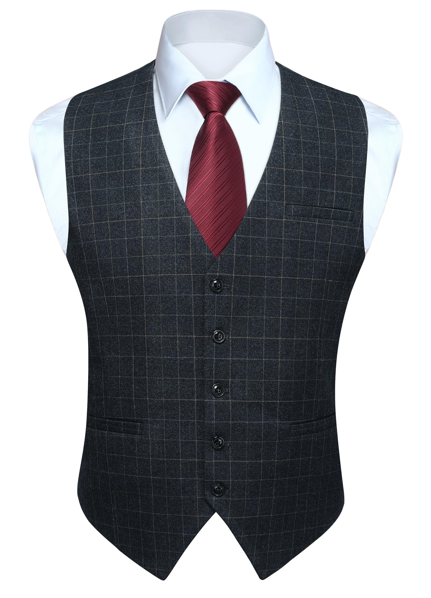Men's Suit Vest Plaid Dress Vest for Men Slim Fit Formal Business Waistcoat Tuxedo V-Neck Solid Vest for Wedding