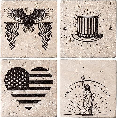 Juego de 4 posavasos absorbentes de piedra para bebidas, posavasos con bandera estadounidense, decoración del 4 de julio, protección de mesa,