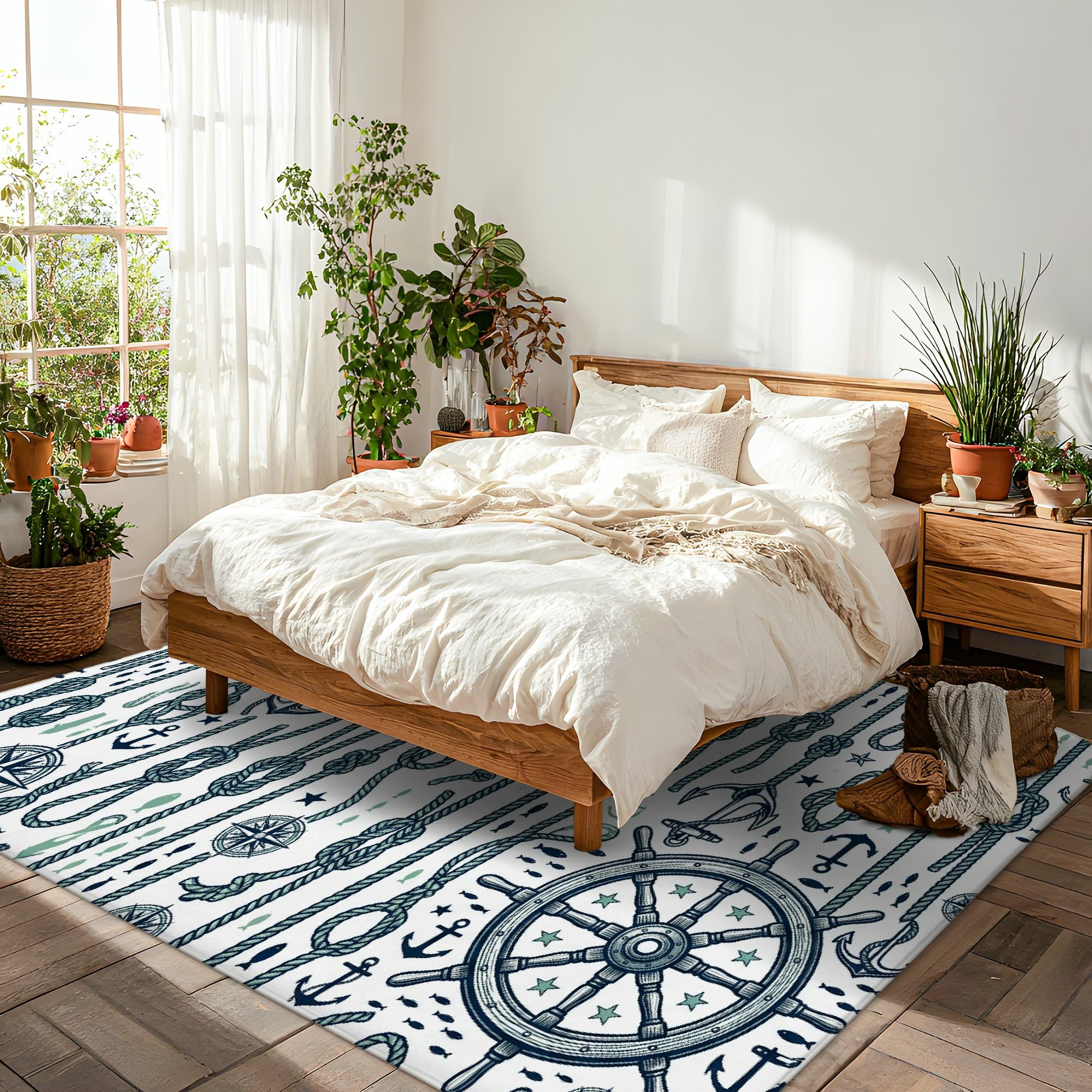 Tappeto con bussola, motivo nautico con ancore costiere, corda estiva, blu navy, antiscivolo, morbido, rettangolare, antimacchia, per soggiorno, camera da letto, corridoio, scrivania, ufficio, 15 x 18