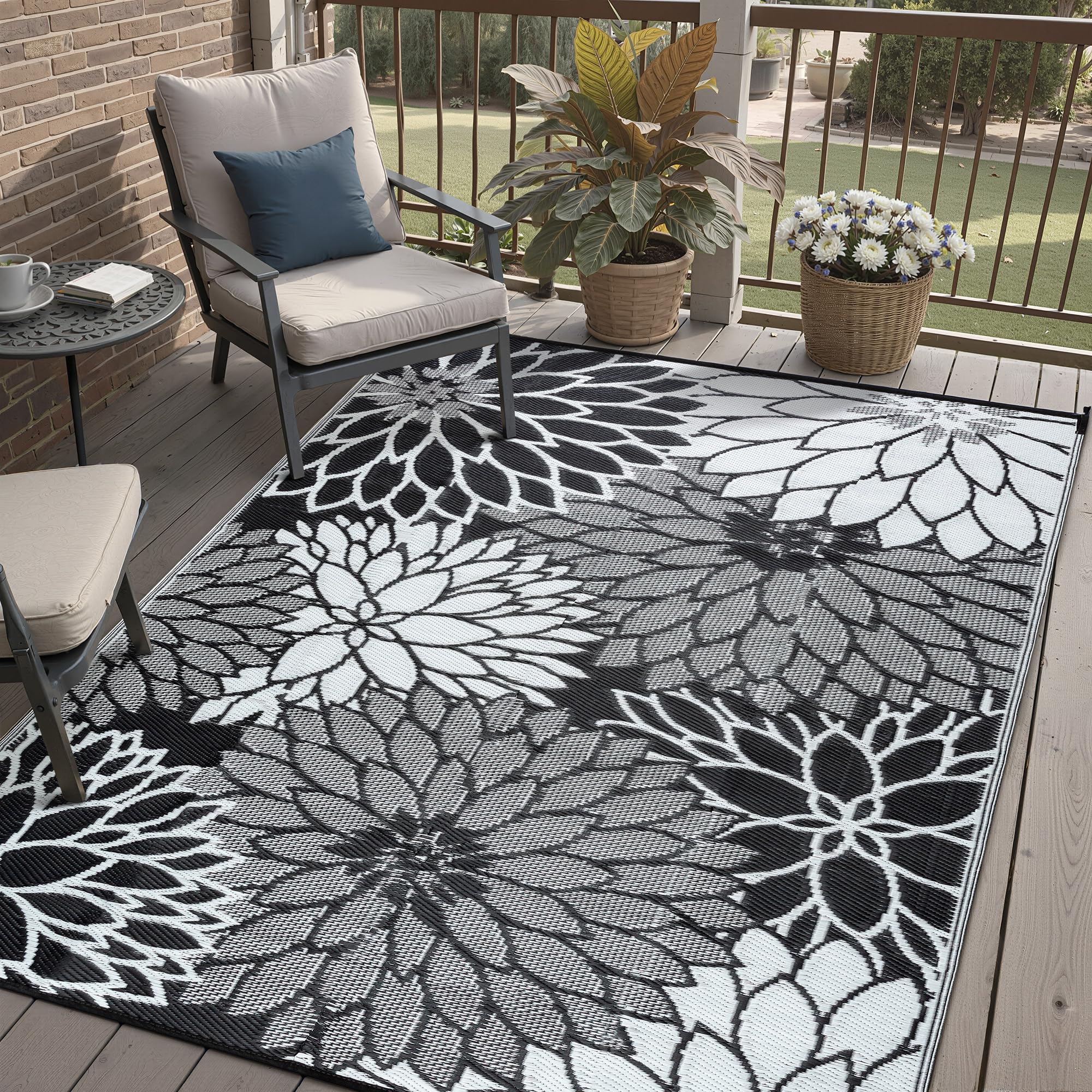 hugear 9'x12' outdoor rug waterproof plastic straw rugs large black reversible floral mat floor carpet for camping rv deck entryance porch picnic balcony beach backyard