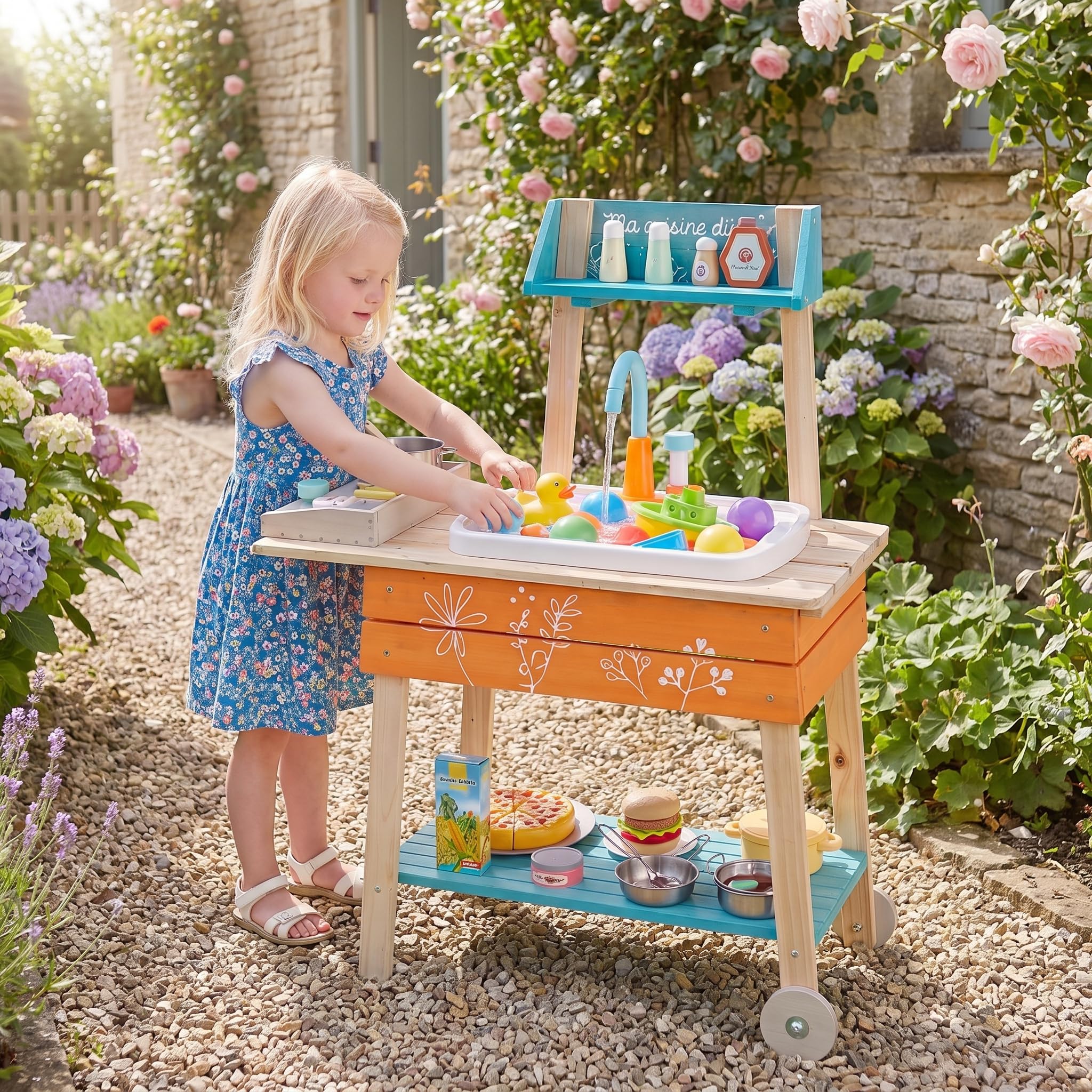 HOMASIS Cucina da Esterno Barbecue per Bambini, Cucina Giocattolo Realistica in Legno con Lavandino, Griglia, Manopole Rotanti, Scaffale Inferiore e 2 Ruote per Bambini 3+ Anni, 77 x 33 x 90 cm