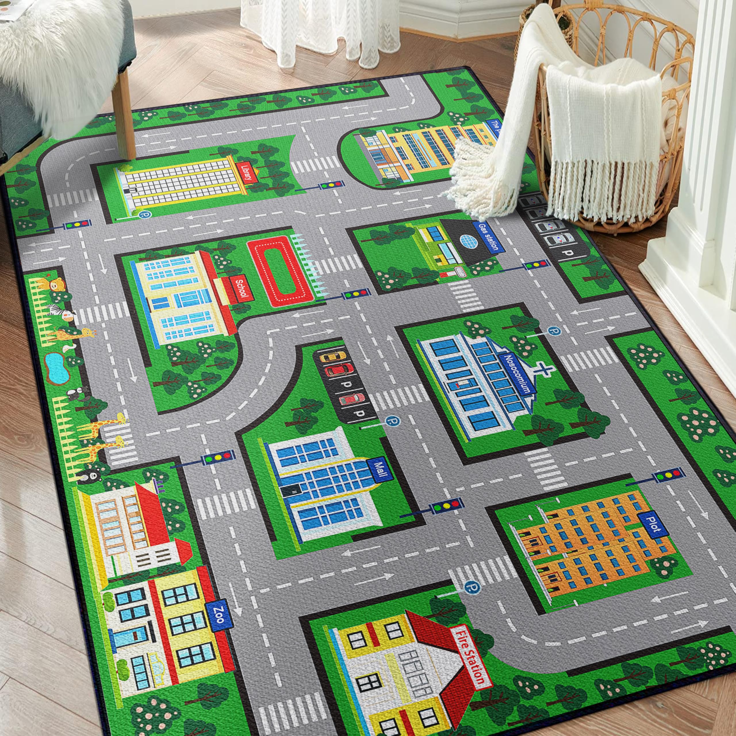 Isyorefam Car Rug Play Mat 59"x39", Car Playmat Carpet for Kids Playroom, Fun Race Track Town City Road Map Traffic Play Rugs, Educational Non-Slip