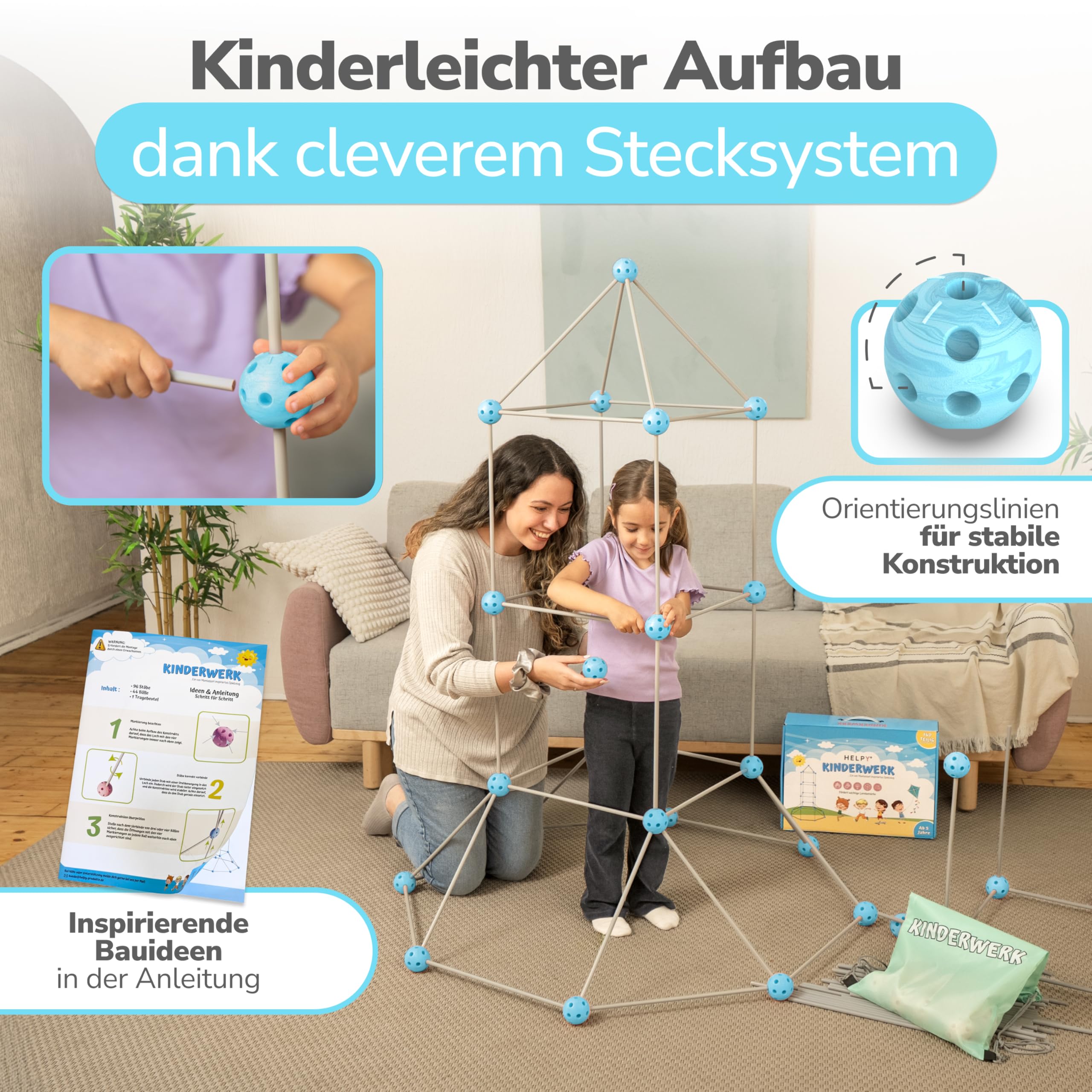 KINDERWERK - Konstruktionsspielzeug – 140-teiliges Set zum Höhle Bauen für Kinder – Unterstützt Kreativität & räumliches Denken – Indoor & Outdoor Spielzeug (blau/grau) (Packung mit 2)