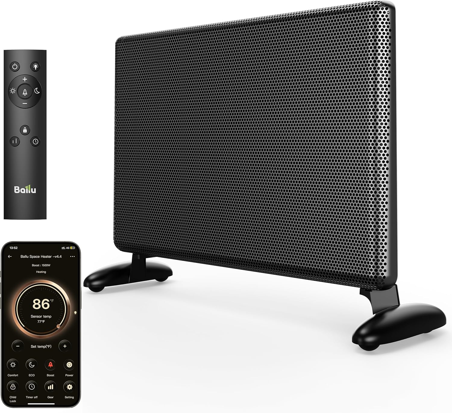 Ballu Mica Infrared Space Heater Large Room,Panel Heater with Programmable Thermostat,WiFi App Control,Portable Stand or Wall Mount, Energy Efficient Smart Quiet Heater,Work with Alexa,Black